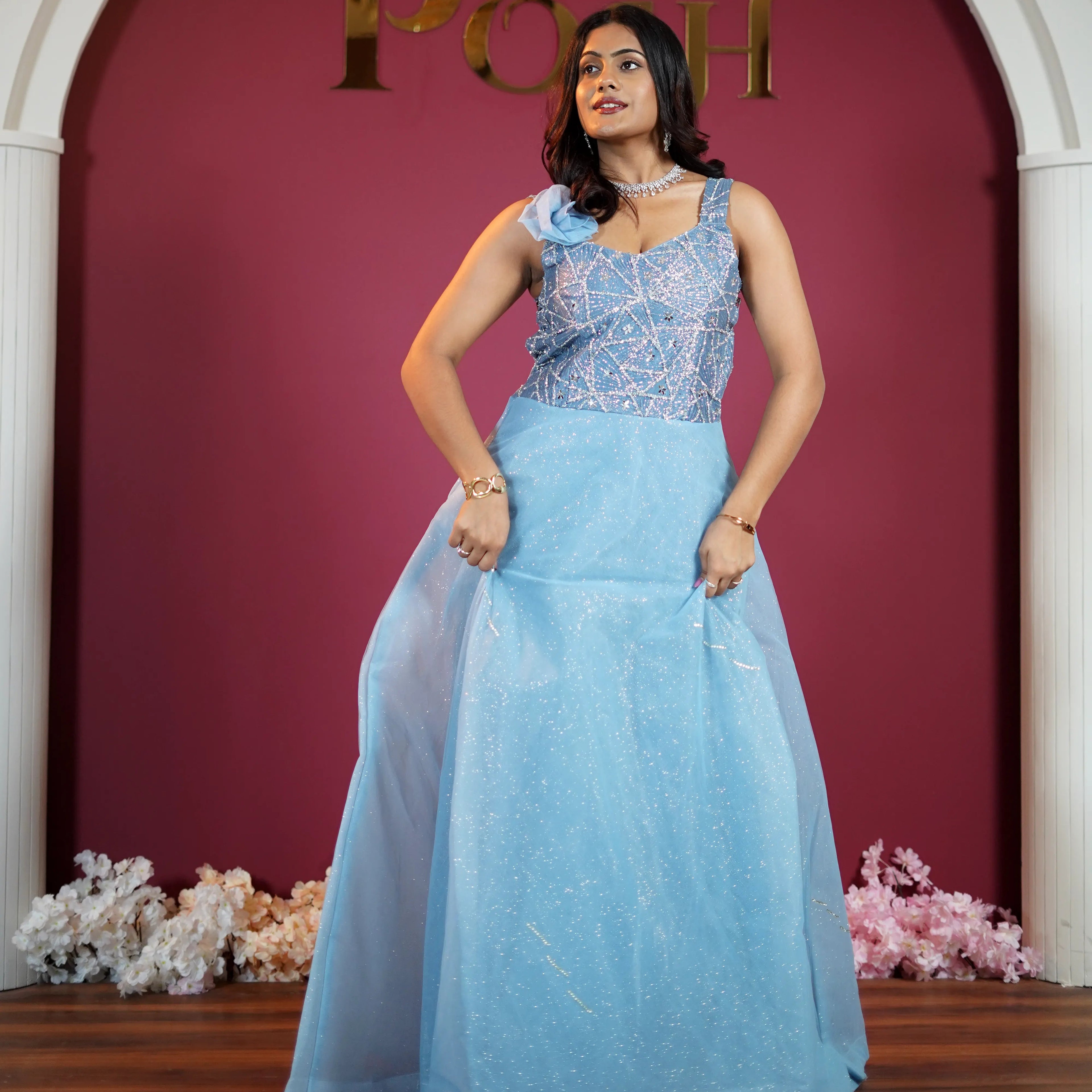 rental party wear dresses Sky Blue Designer Party Gown on Rent