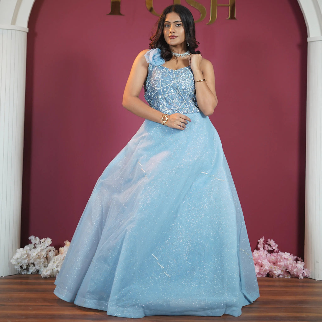 white christmas dresses Sky Blue Designer Party Gown on Rent