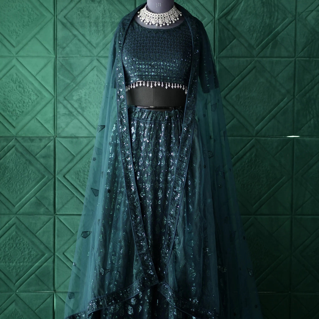 teal sequin crop top lehenga with dupatta for wedding rental kerala