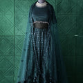 teal sequin crop top lehenga with dupatta for wedding rental kerala