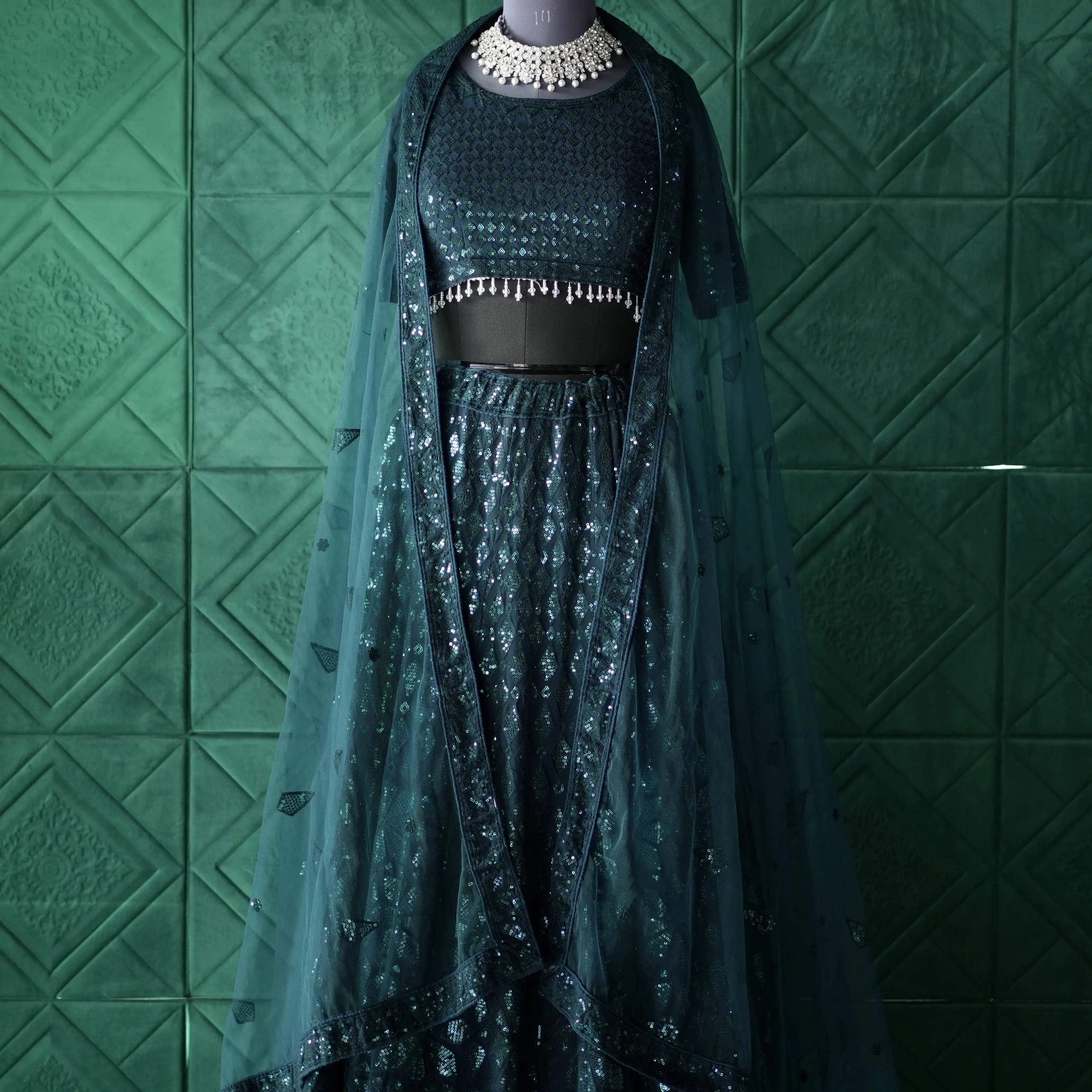 teal sequin crop top lehenga with dupatta for wedding rental kerala