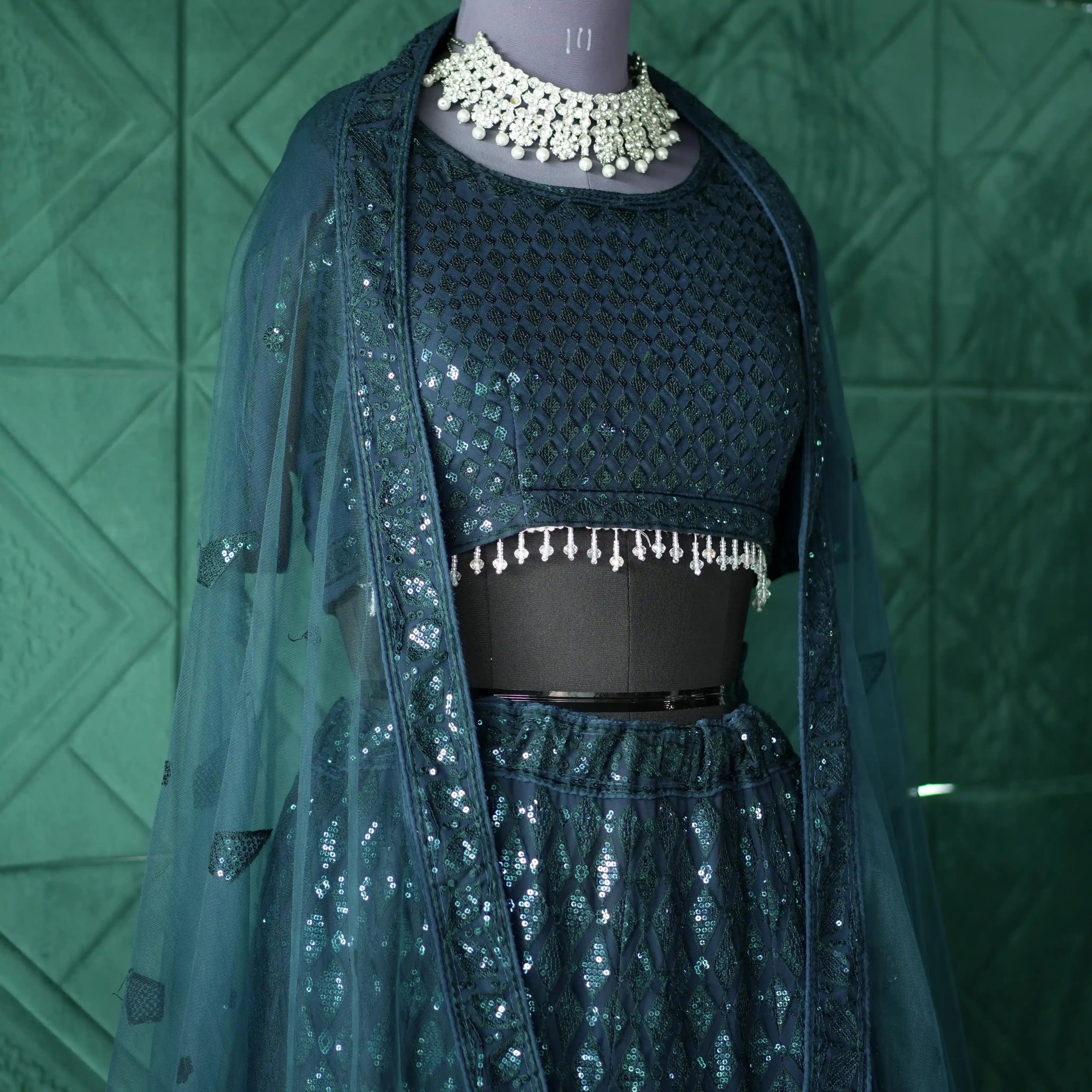teal sequin crop top lehenga with dupatta for wedding rental kerala