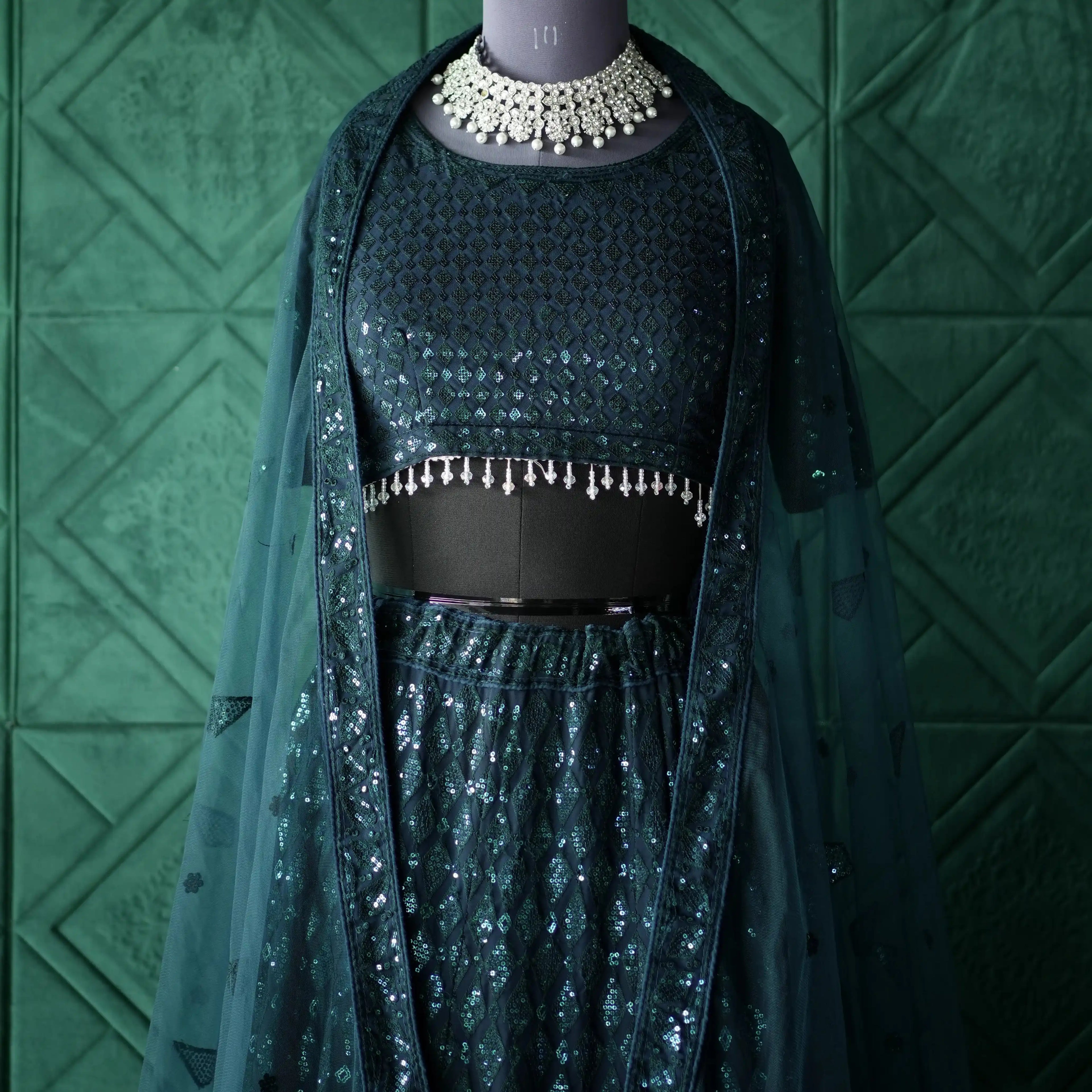 teal sequin crop top lehenga with dupatta for wedding rental kerala