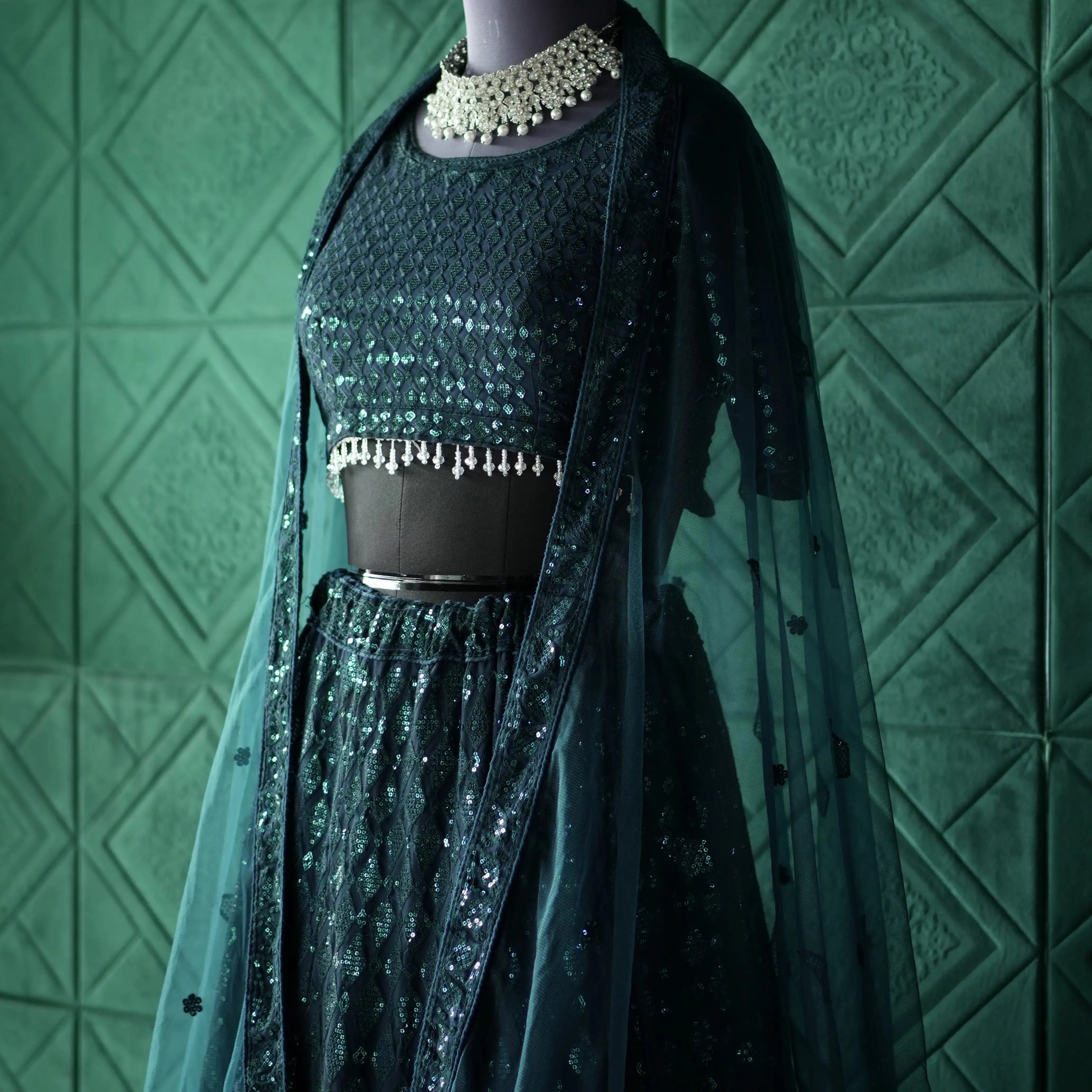 teal sequin crop top lehenga with dupatta for wedding rental kerala