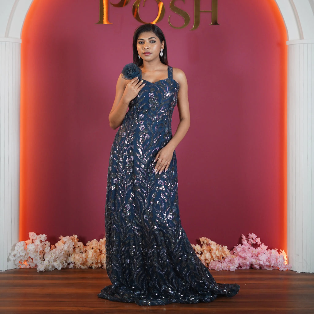 navy blue sequin designer evening gown available at Posh Wedding Rental Kerala evening gown rental