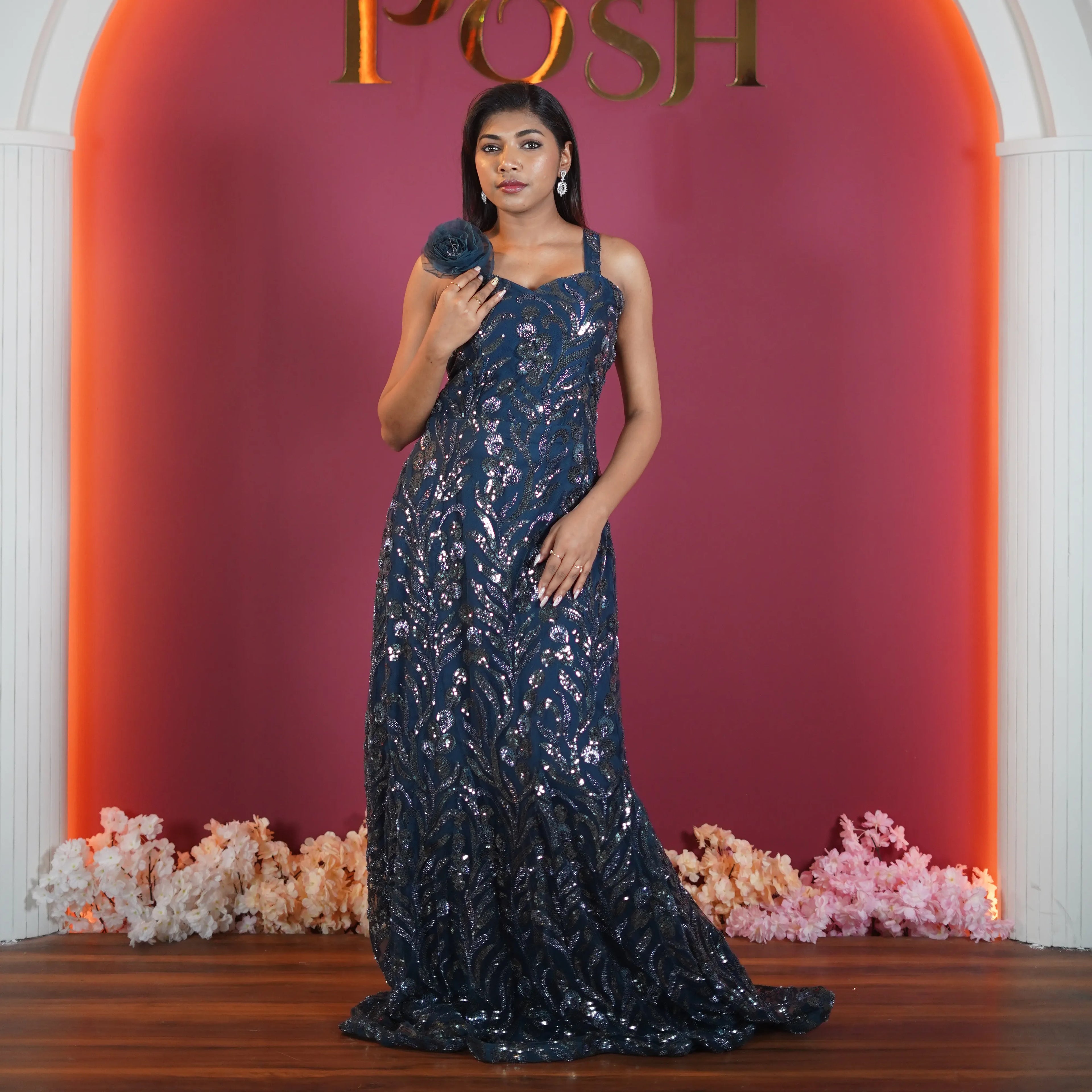 navy blue sequin designer evening gown available at Posh Wedding Rental Kerala evening gown rental