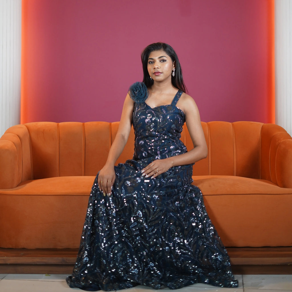 navy blue sequin designer evening gown available at Posh Wedding Rental Kerala evening gown rental