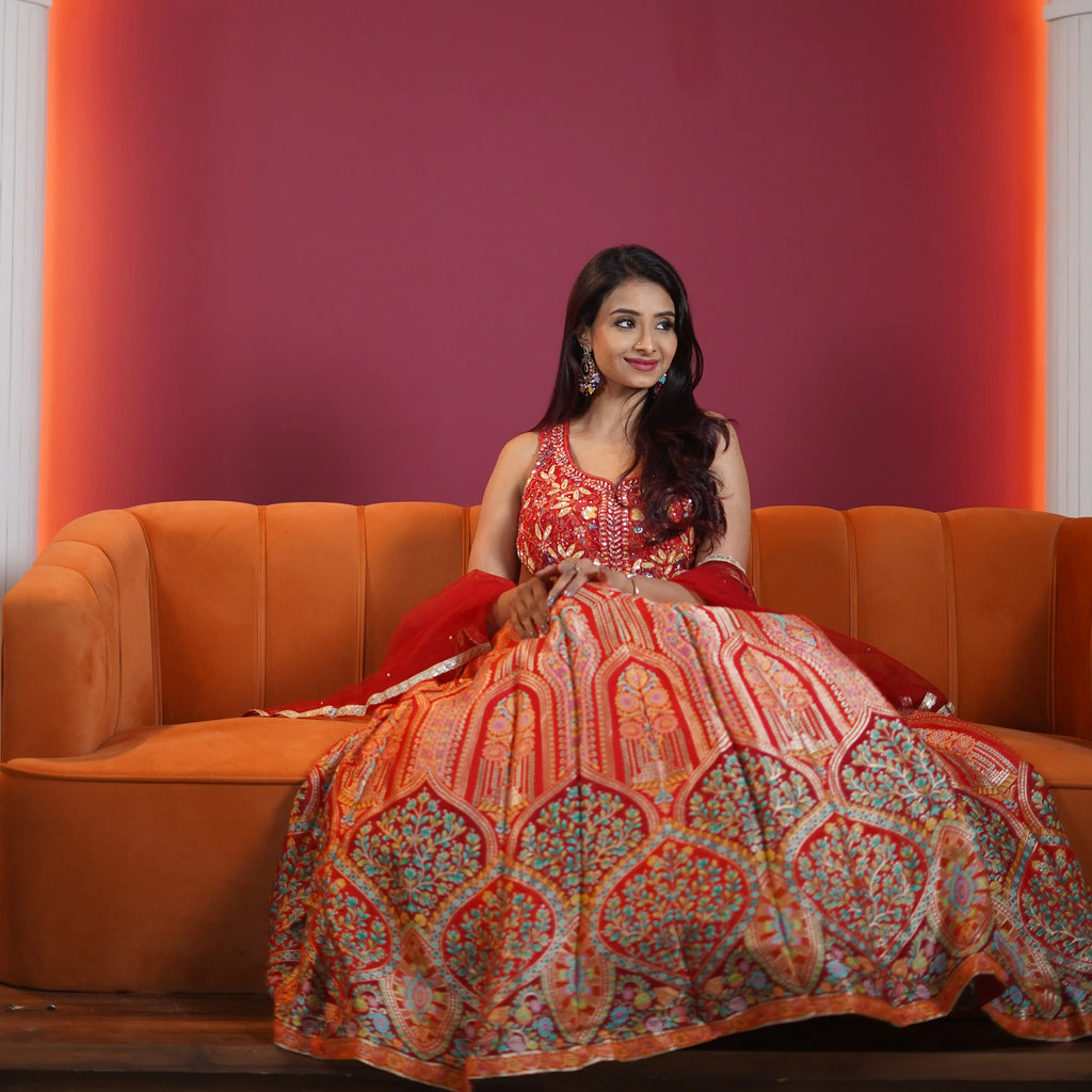 royal red embroidered designer lehenga with dupatta available at Posh Wedding Rental Kerala lehenga rental