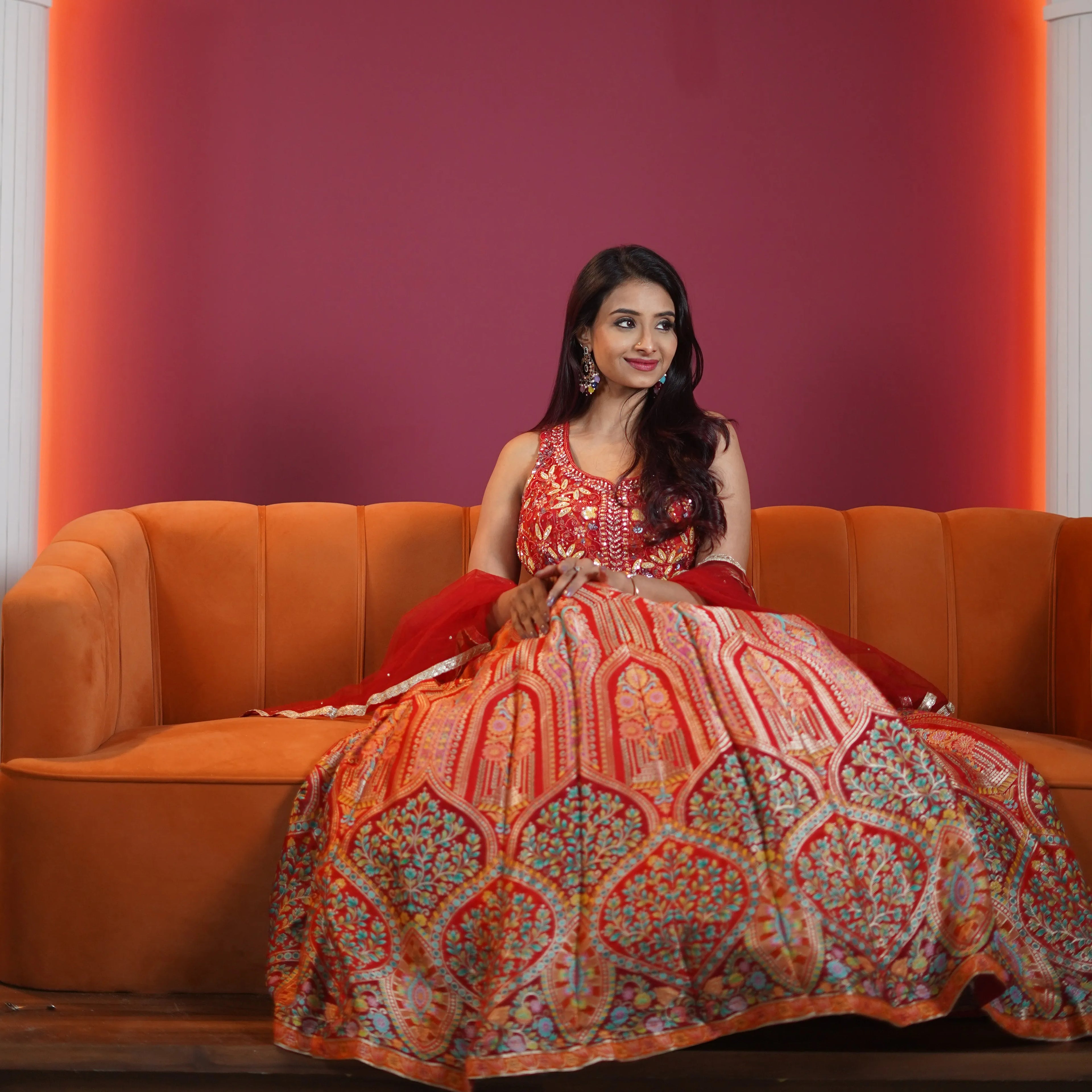 royal red embroidered designer lehenga with dupatta available at Posh Wedding Rental Kerala lehenga rental