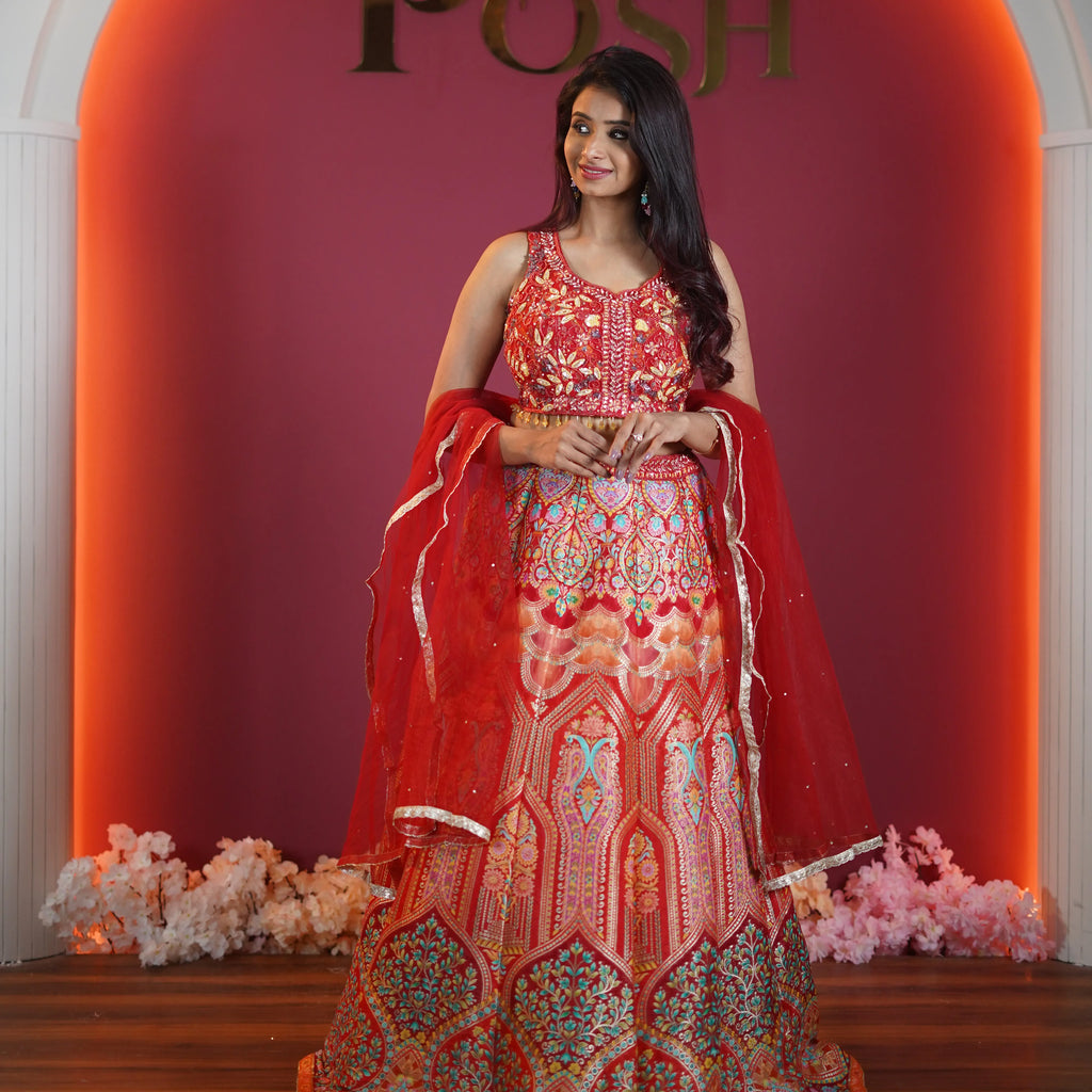 royal red embroidered designer lehenga with dupatta available at Posh Wedding Rental Kerala lehenga rental