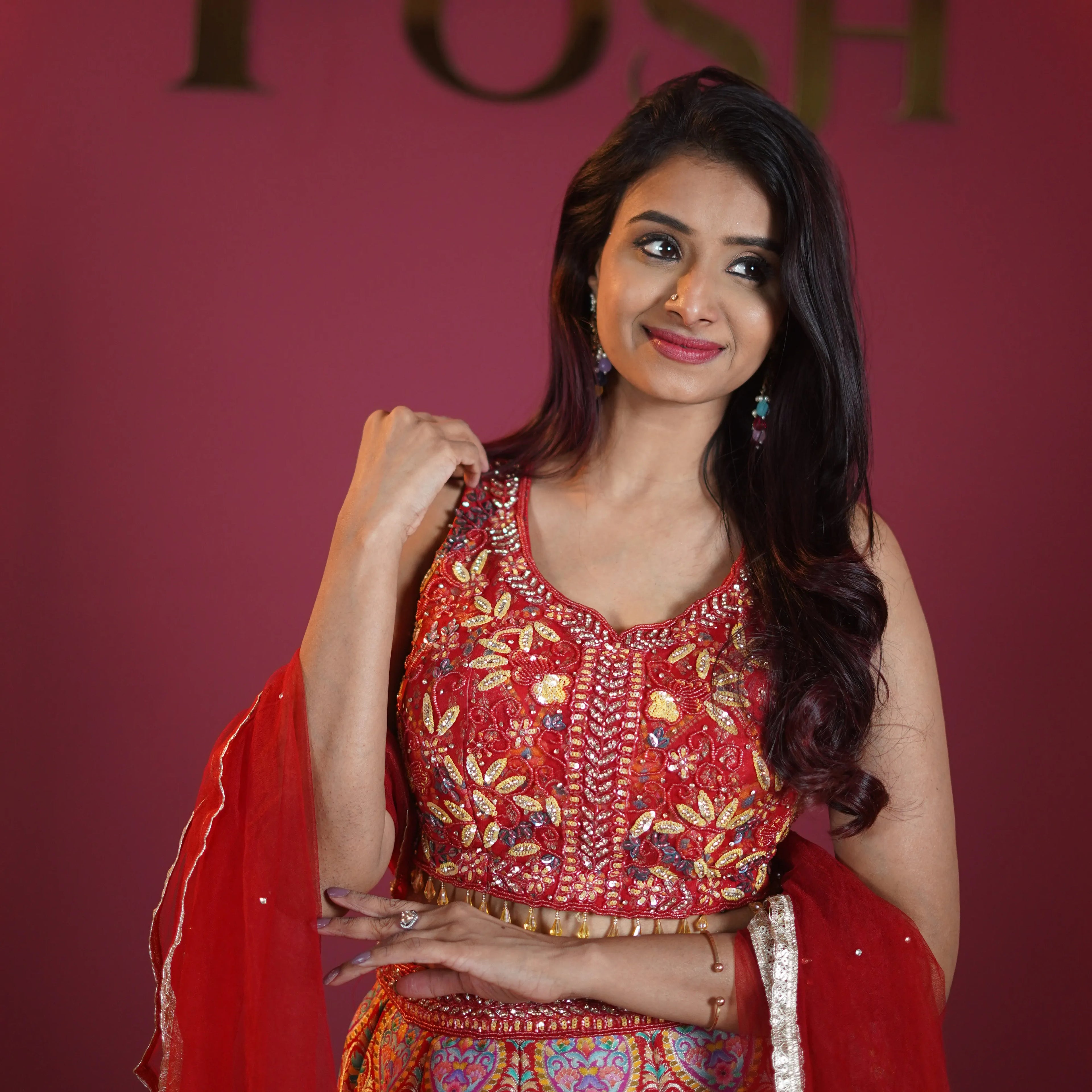 royal red embroidered designer lehenga with dupatta available at Posh Wedding Rental Kerala lehenga rental