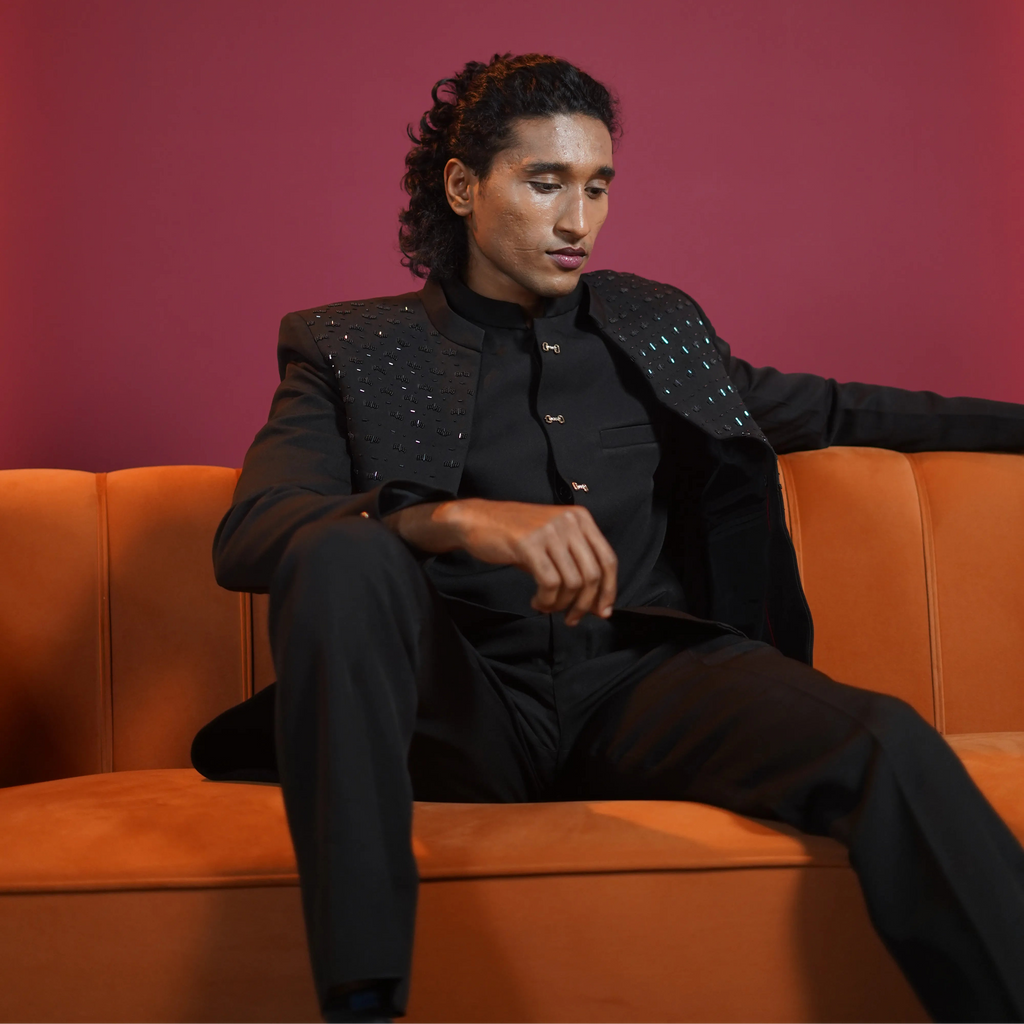 Black embellished Jodhpuri suit for groom available at Posh Wedding Rental Kerala wedding suit rental