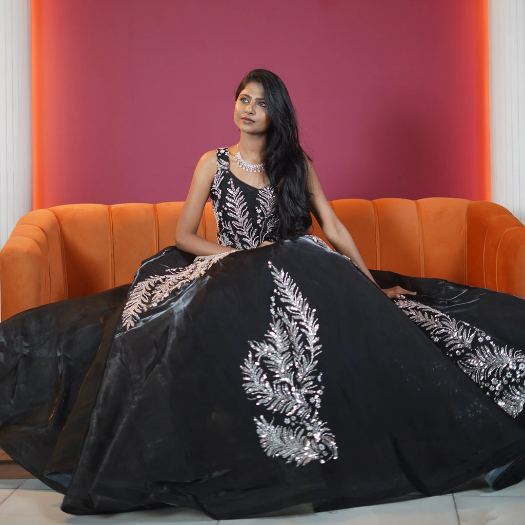 black designer embroidered ball gown for reception available at Posh Wedding Rental Kerala gown rental