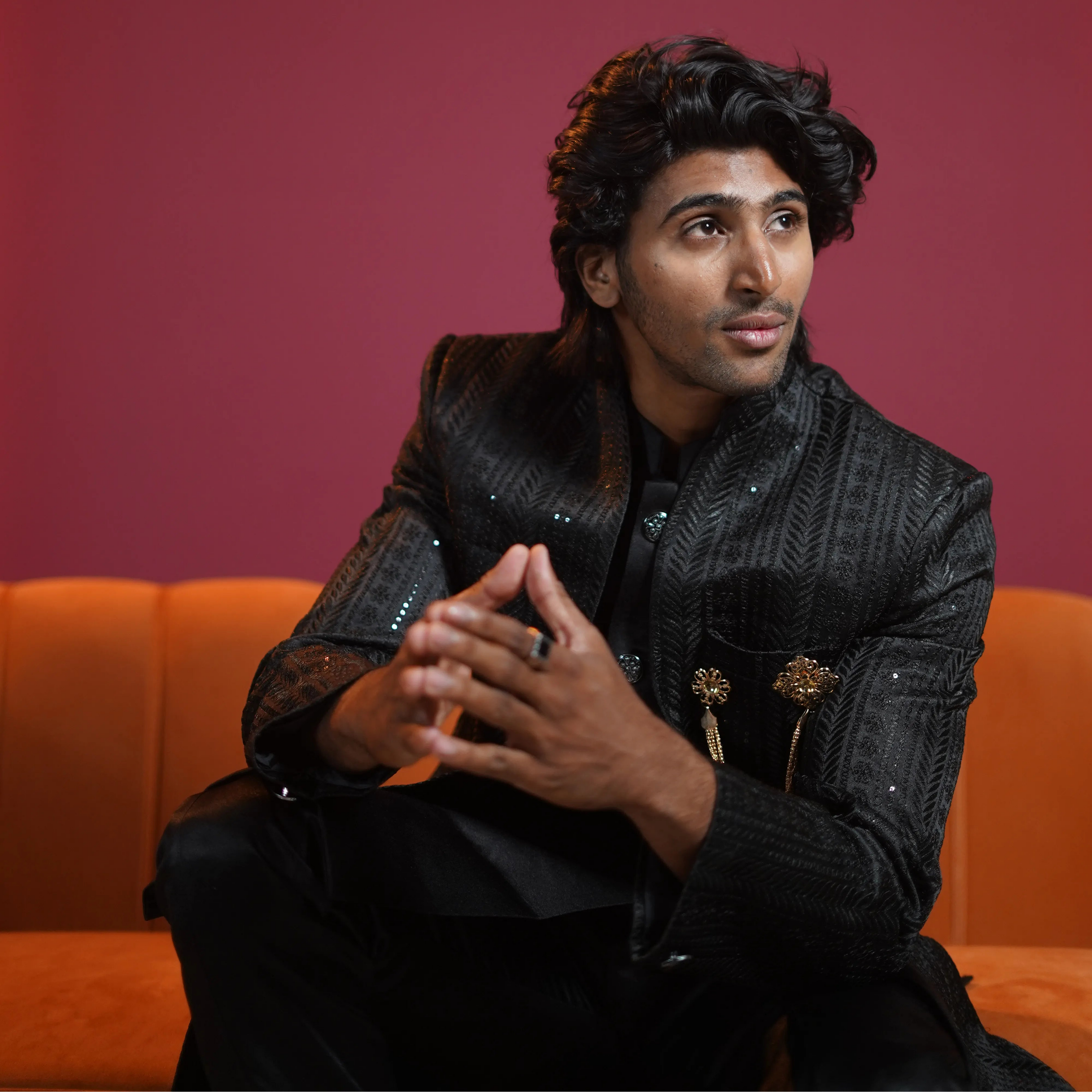 Black designer groom Indo-Western available on rent at Posh Wedding Rentals Kerala.
