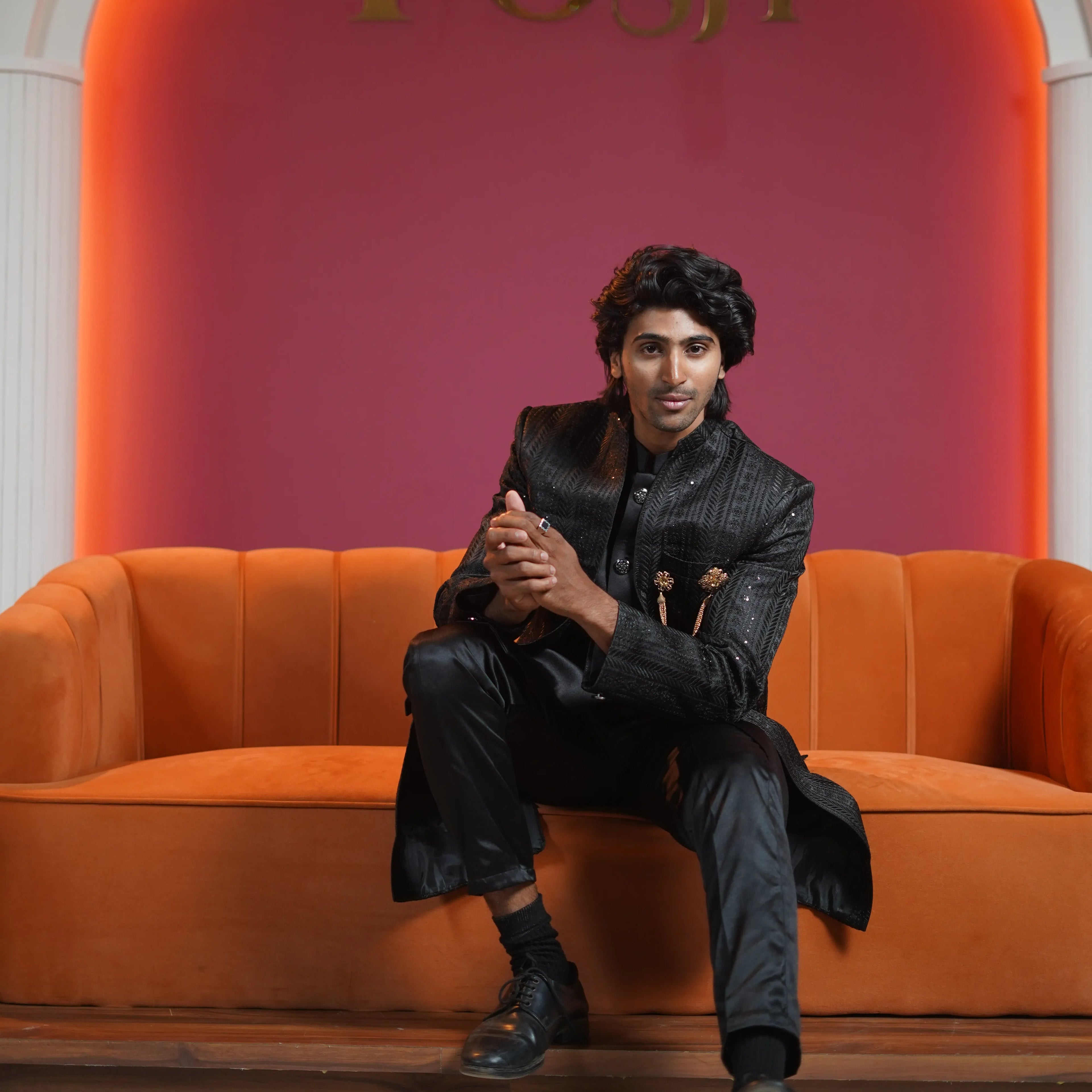 Black designer groom Indo-Western available on rent at Posh Wedding Rentals Kerala.
