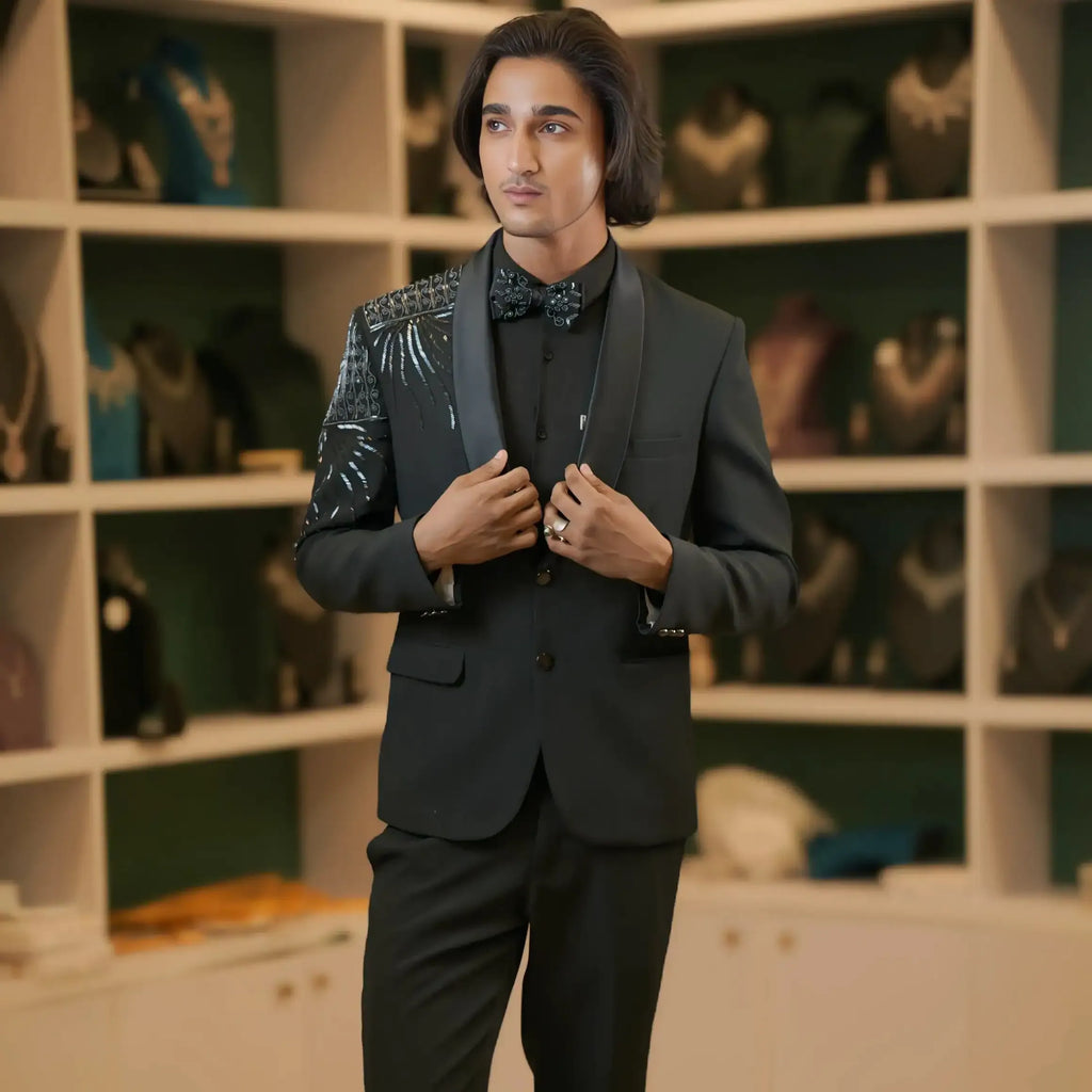 black tuxedo wedding clothes rental kerala designer