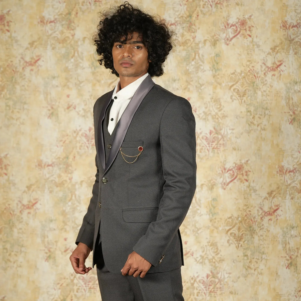Black designer tuxedo with shawl lapel and pocket chain