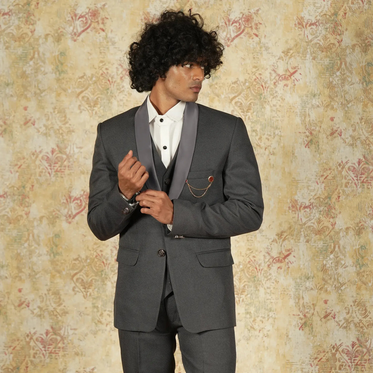 Black designer groom suit for engagement and cocktail party