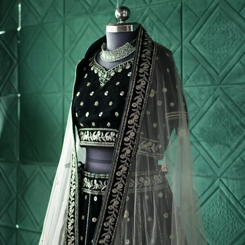 modern bridal outfit rental kerala black lehenga
