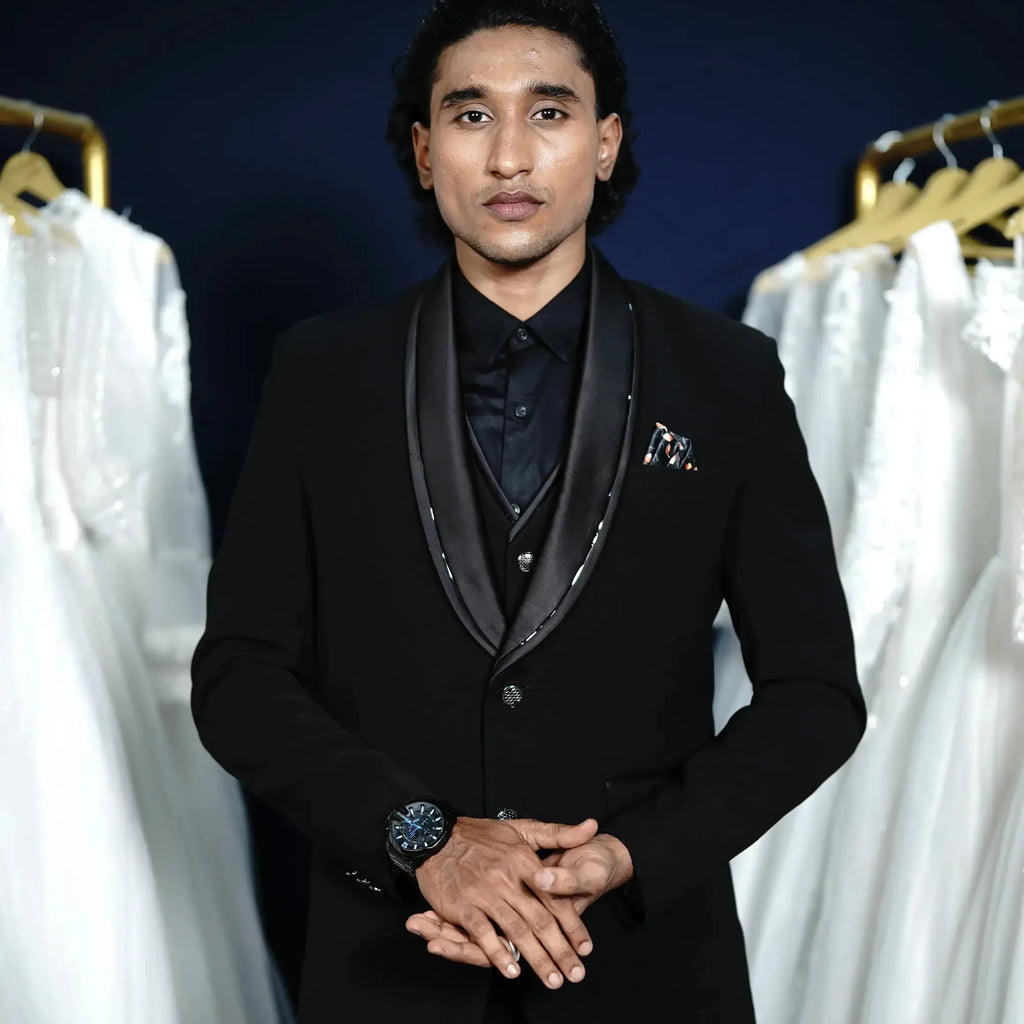 Black designer suit rental for wedding reception