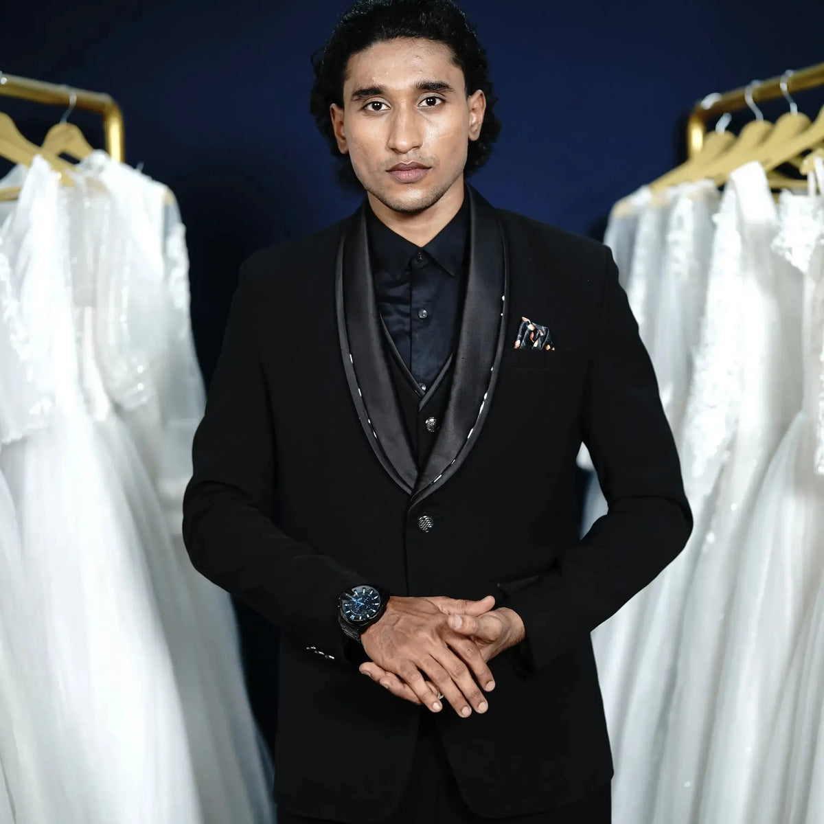Black royal designer suit with satin shawl lapel