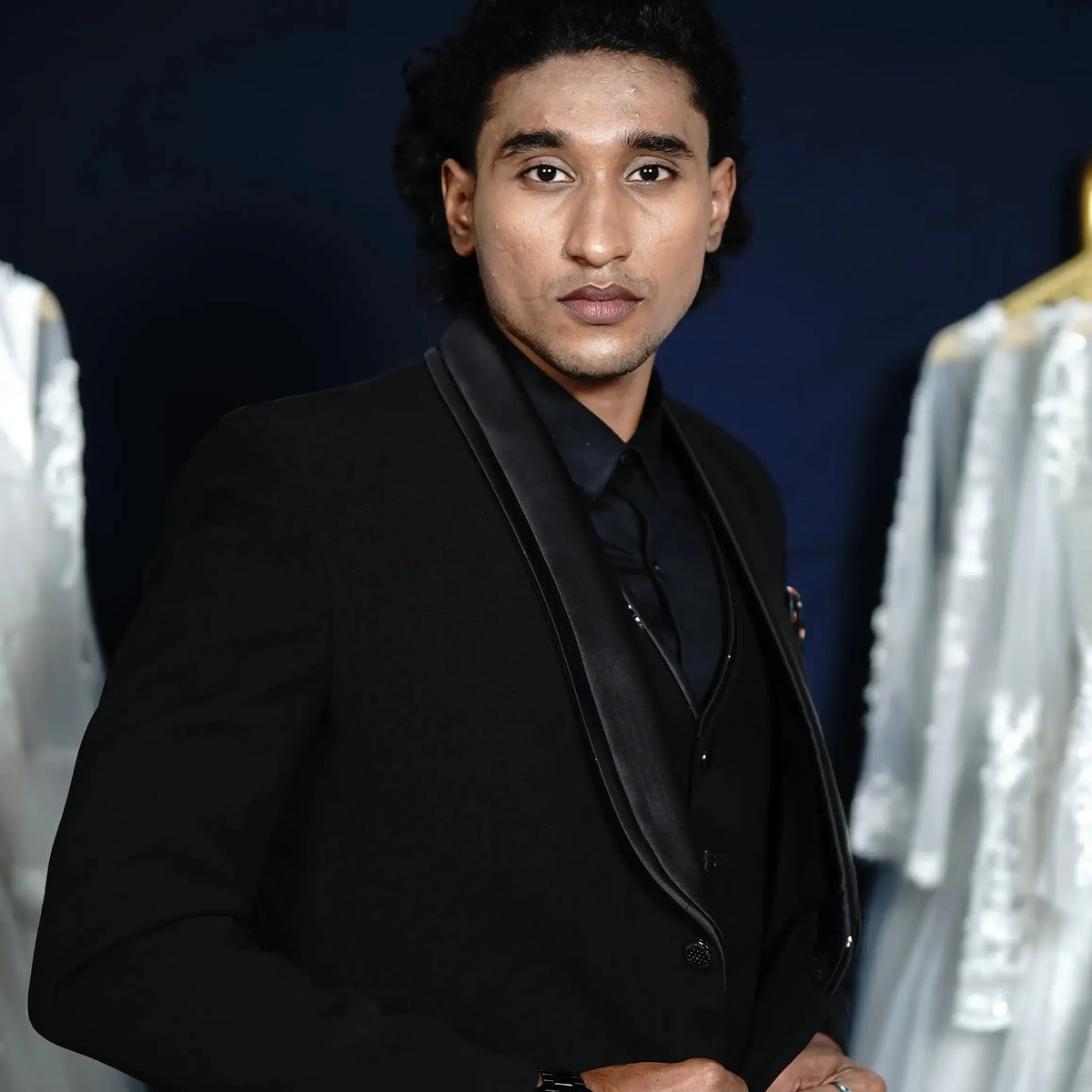 Black groom suit with satin lapel and pocket square