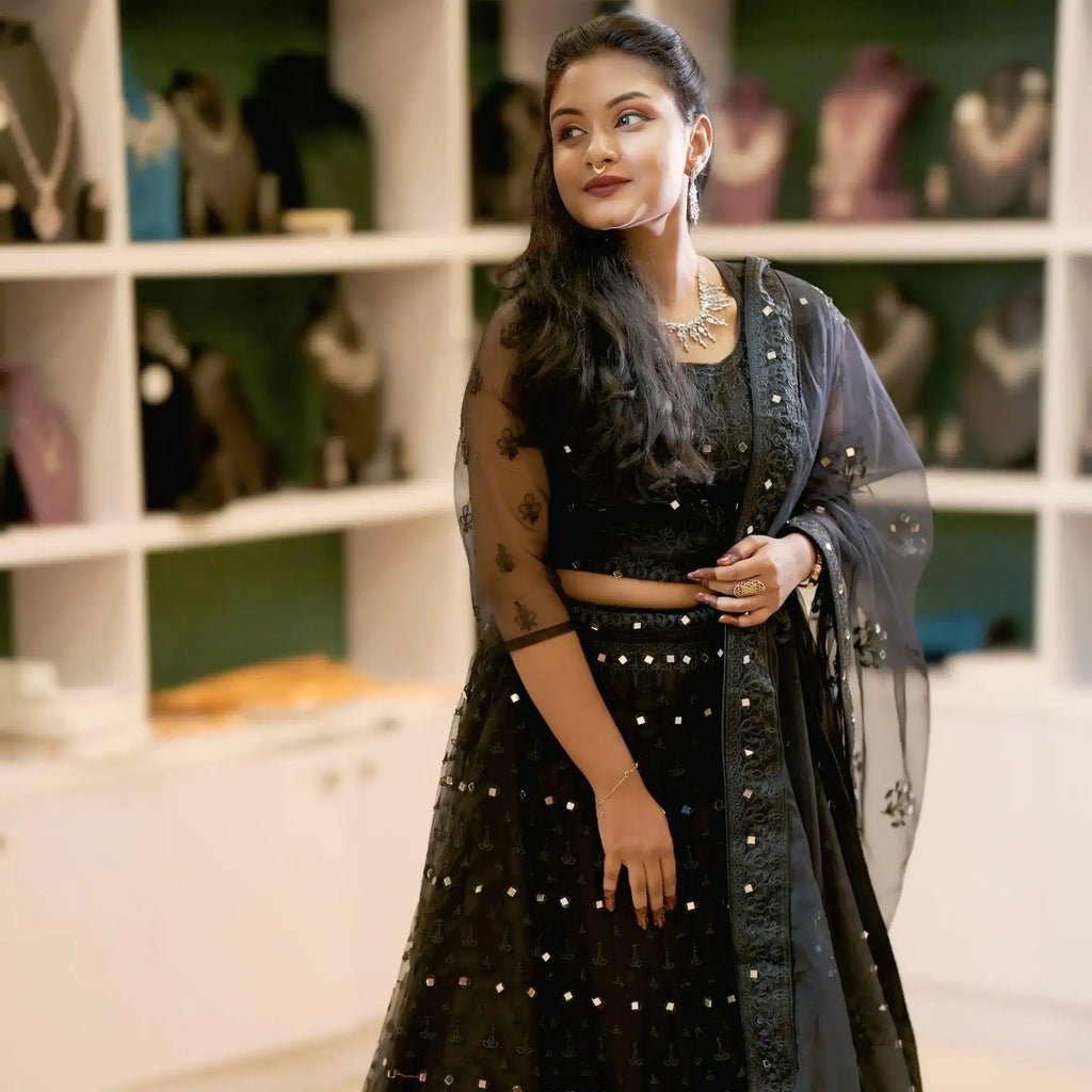 sequin lehenga rental kerala partywear black