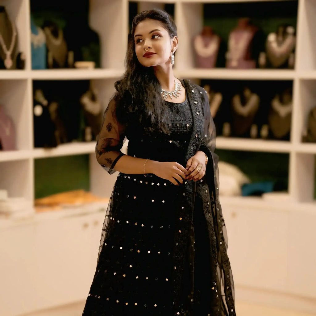 designer black lehenga wedding clothes rental kerala
