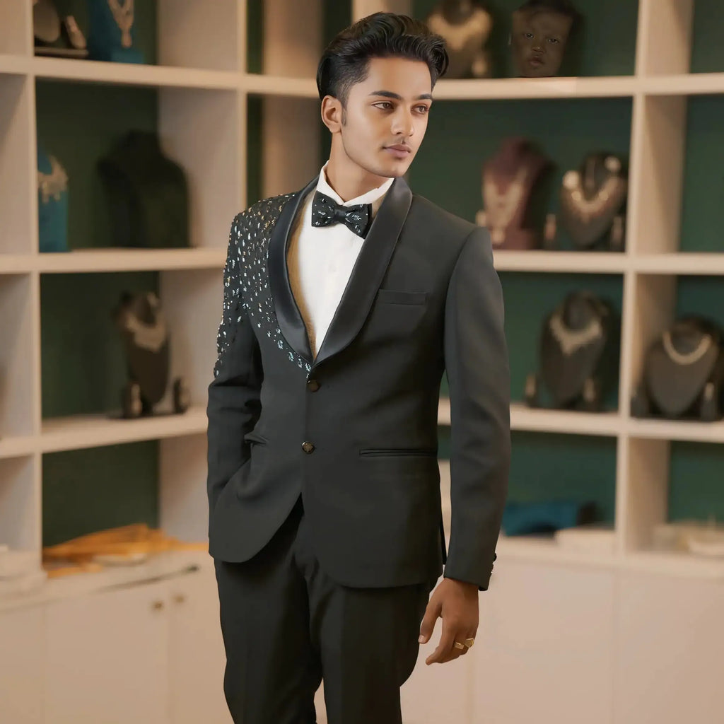 groom tuxedo wedding outfit rentals black sequin
