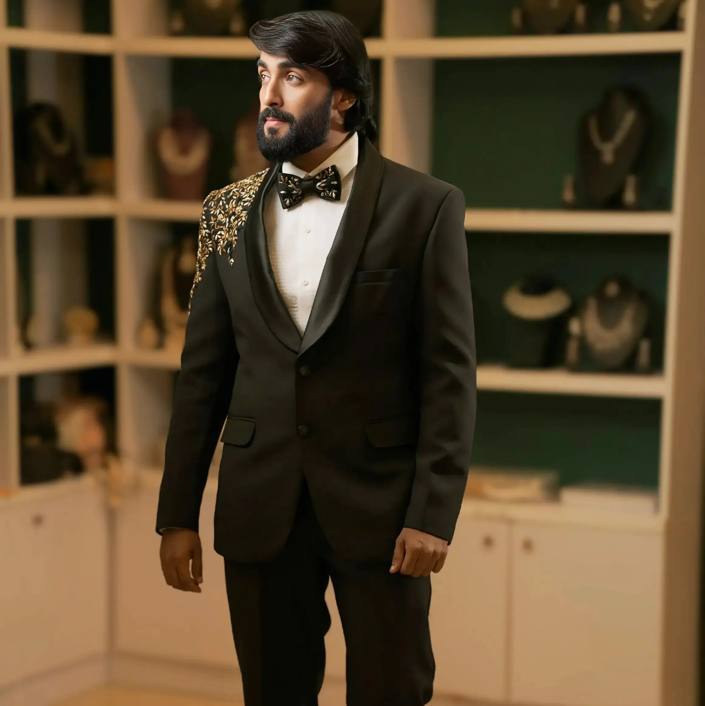 close up of black tuxedo blazer with satin lapel and embroidery