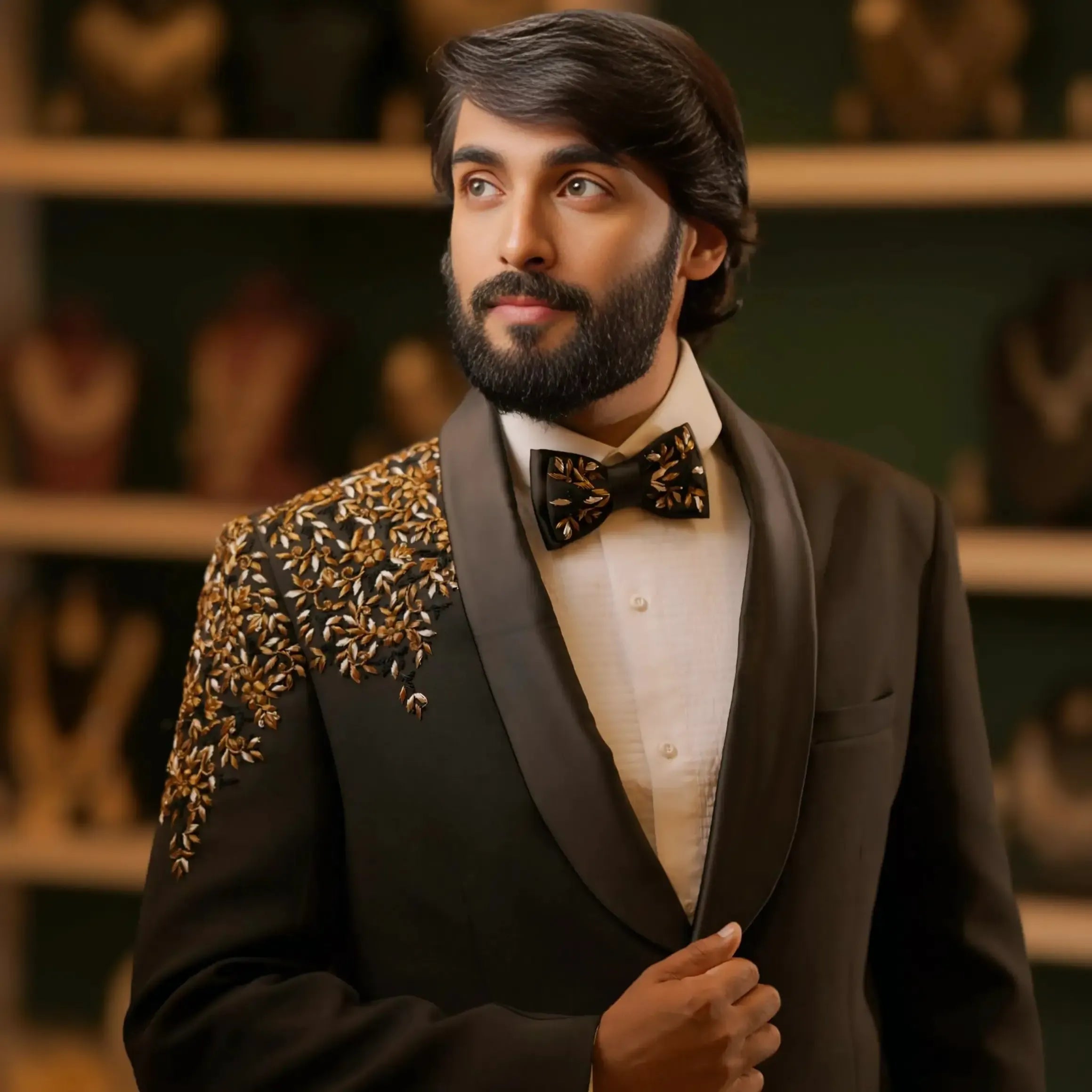 close up of black tuxedo blazer with satin lapel and embroidery