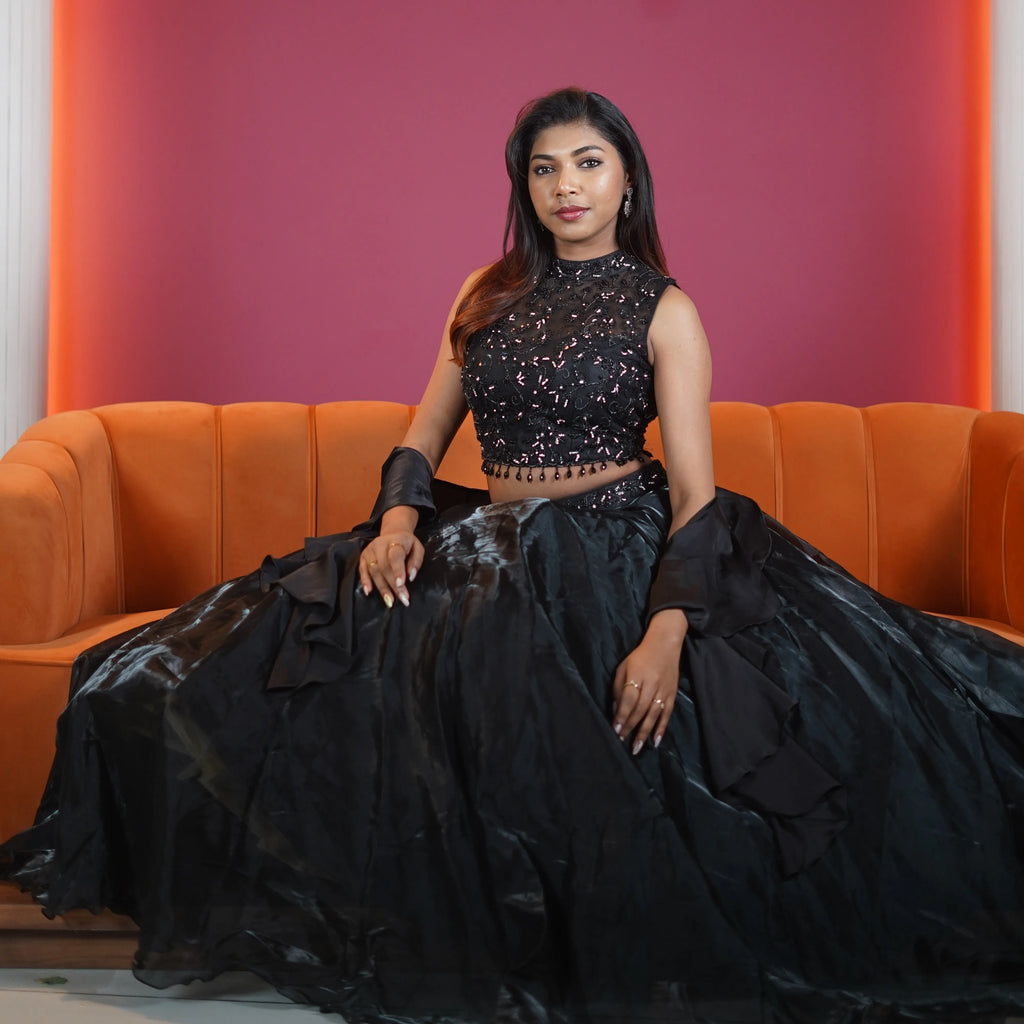 black designer lehenga with sequin crop top available at Posh Wedding Rental Kerala party wear lehenga rental