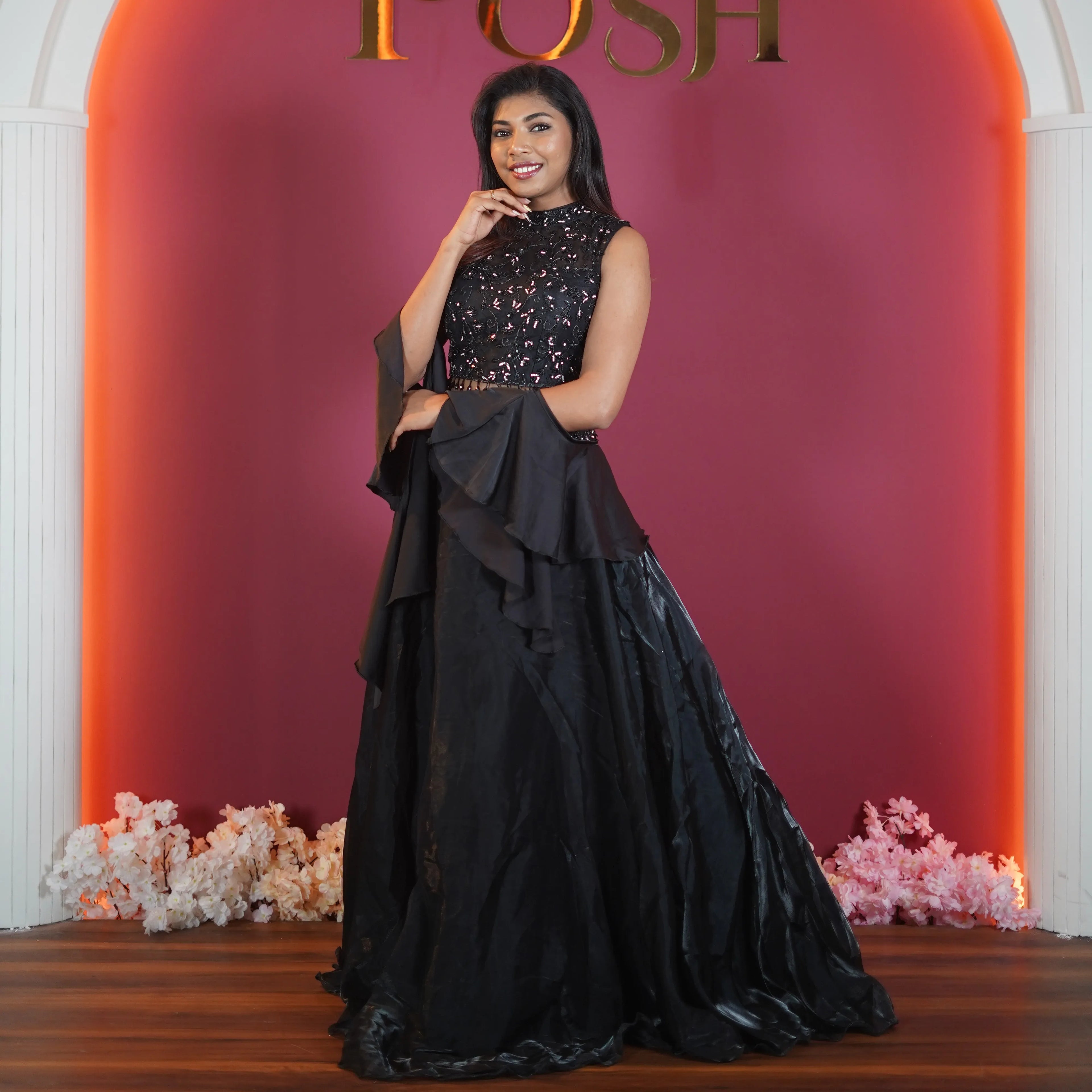 black designer lehenga with sequin crop top available at Posh Wedding Rental Kerala party wear lehenga rental