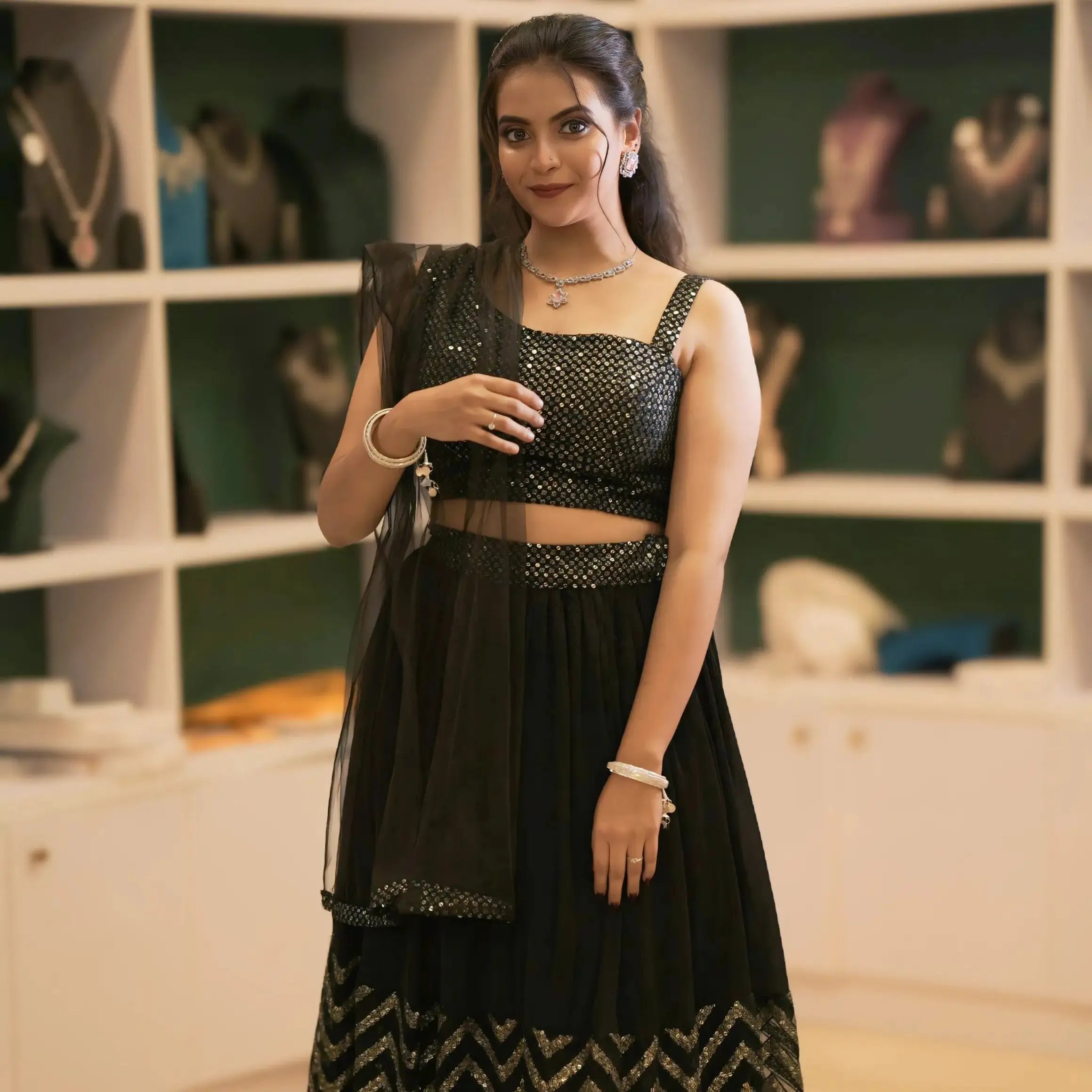 black sequin crop top lehenga for party and wedding rental kerala
