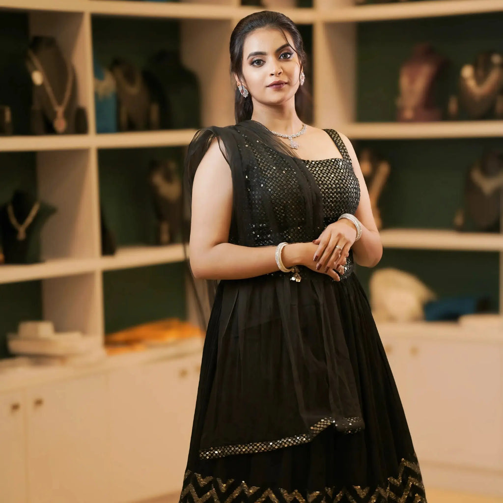 black sequin crop top lehenga for party and wedding rental kerala