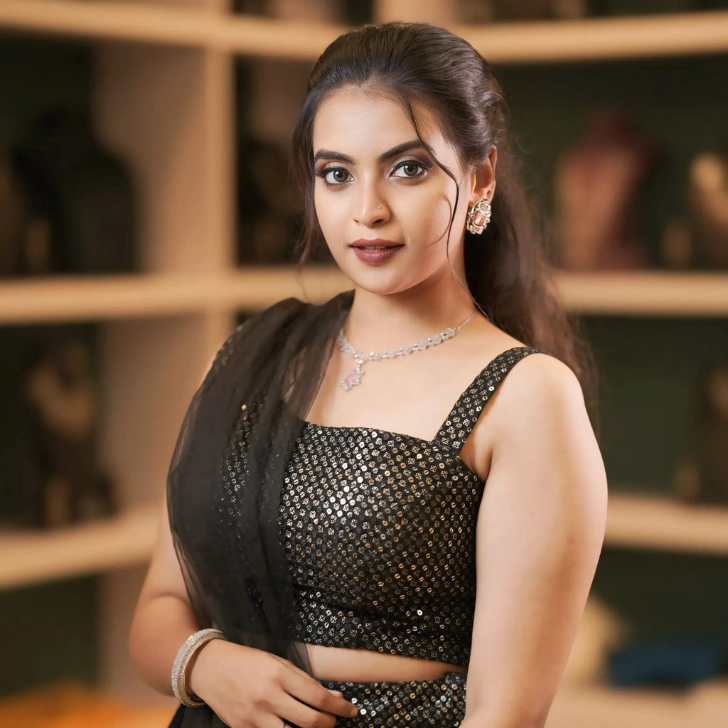 black sequin crop top lehenga for party and wedding rental kerala