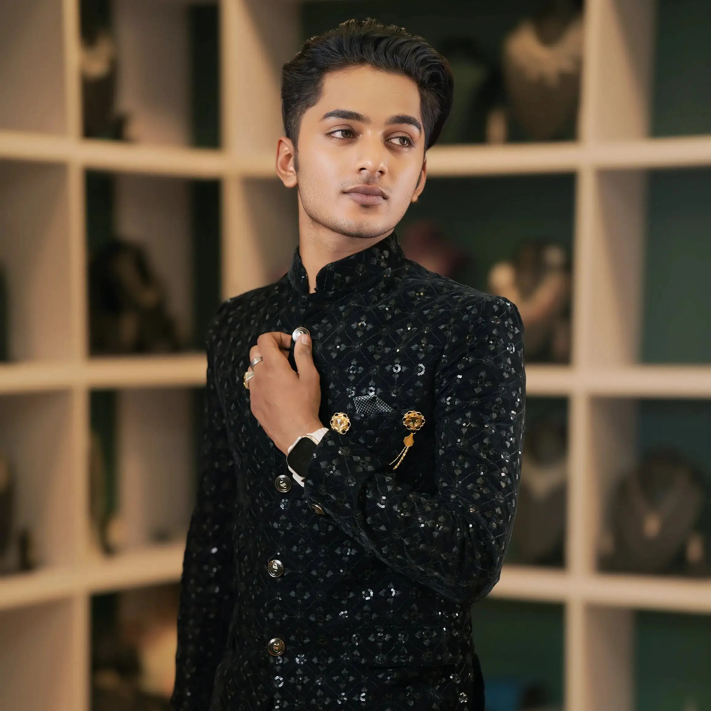 black sequin jodhpuri suit for groom rental kerala bandhgala suit