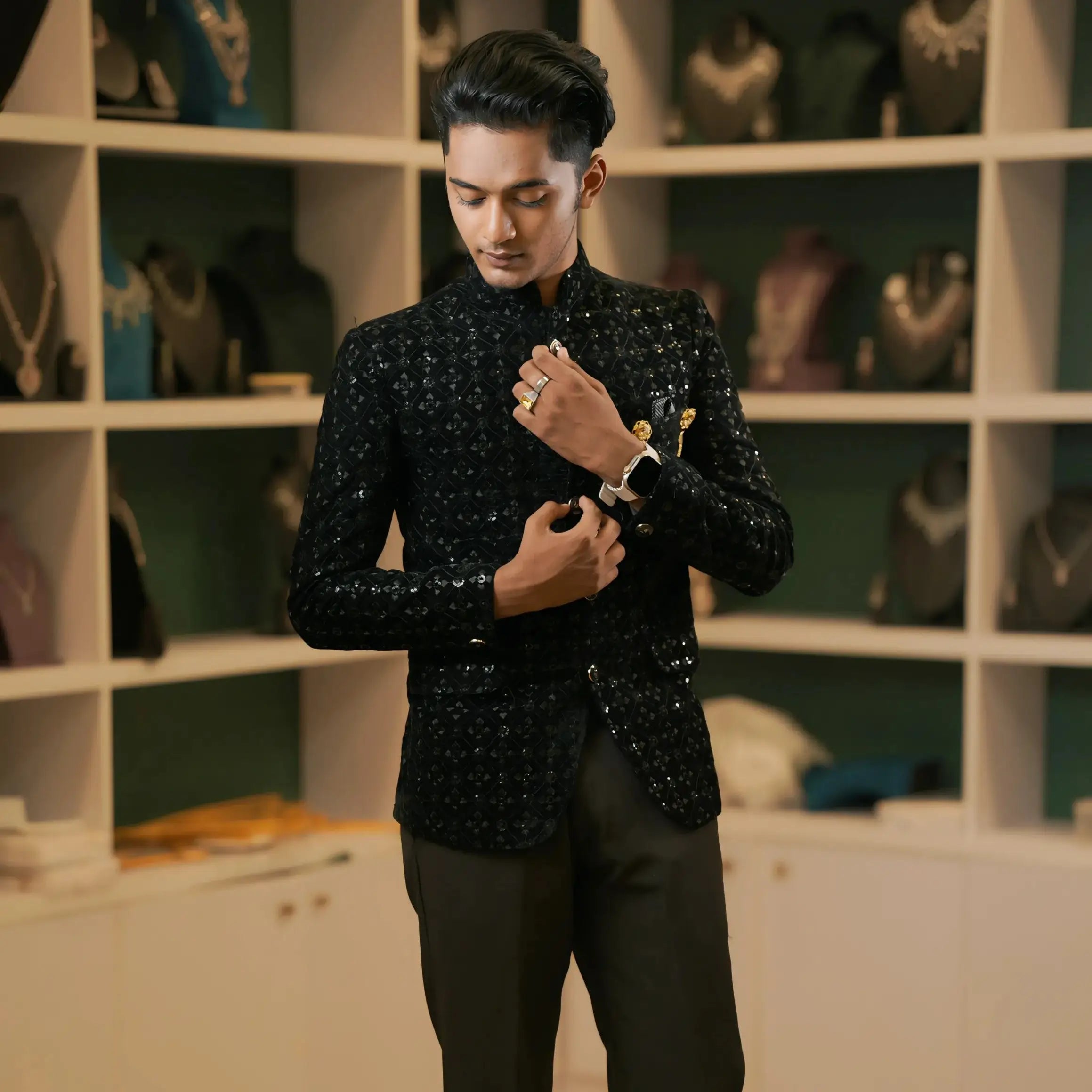 black sequin jodhpuri suit for groom rental kerala bandhgala suit
