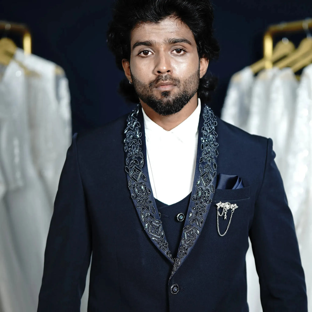 Navy blue groom suit for wedding reception