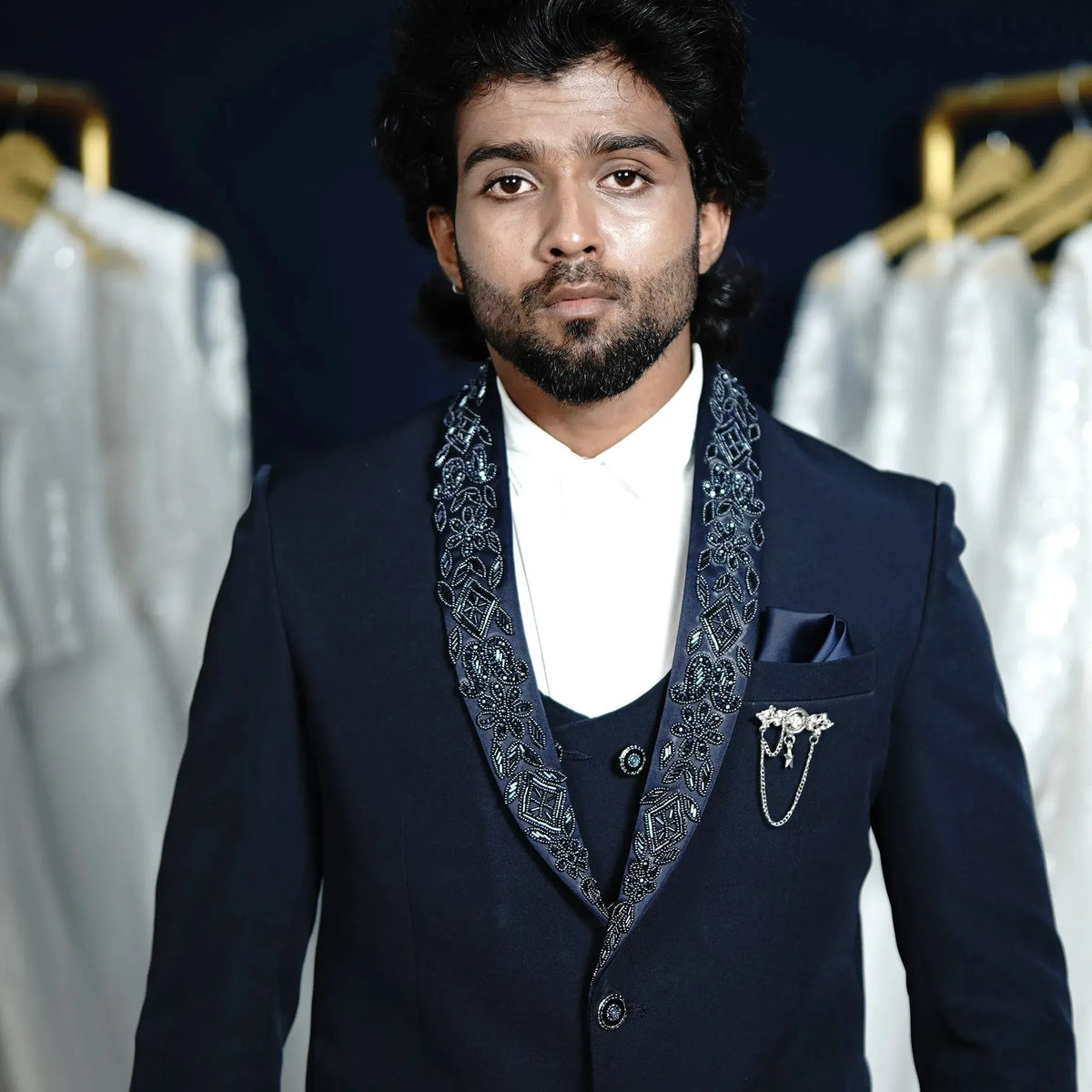 Navy blue groom suit for wedding reception