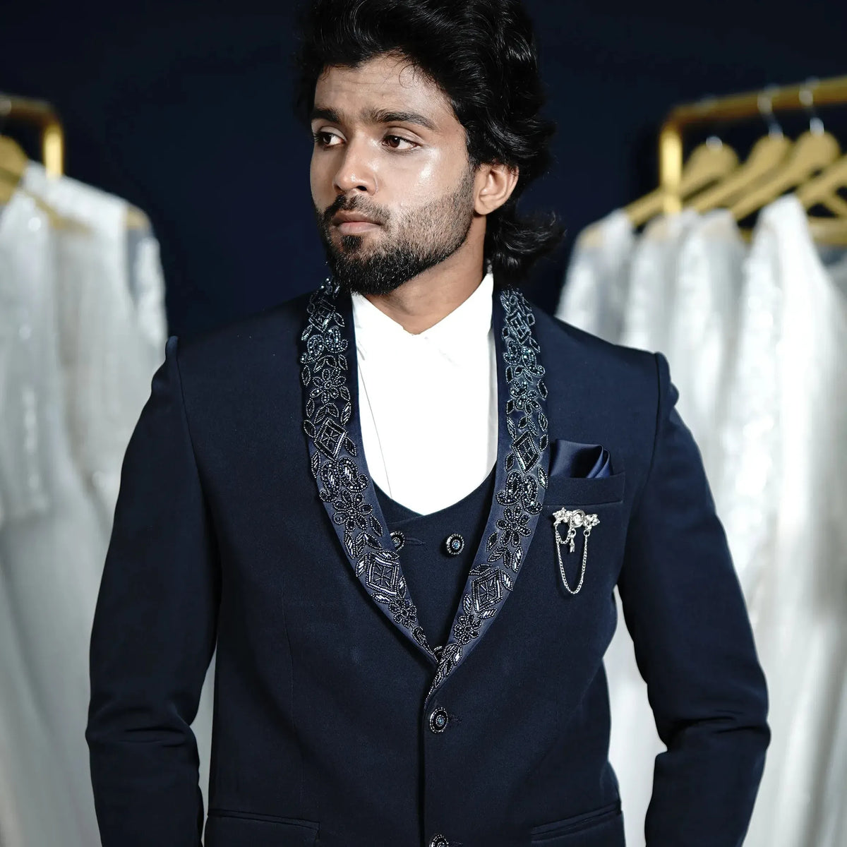 Groom suit rental in Kerala with embroidered lapel