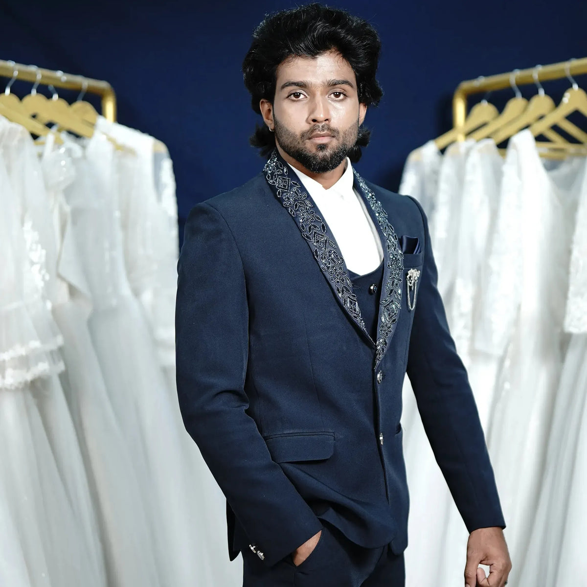 Blue classy designer suit with embroidered shawl lapel