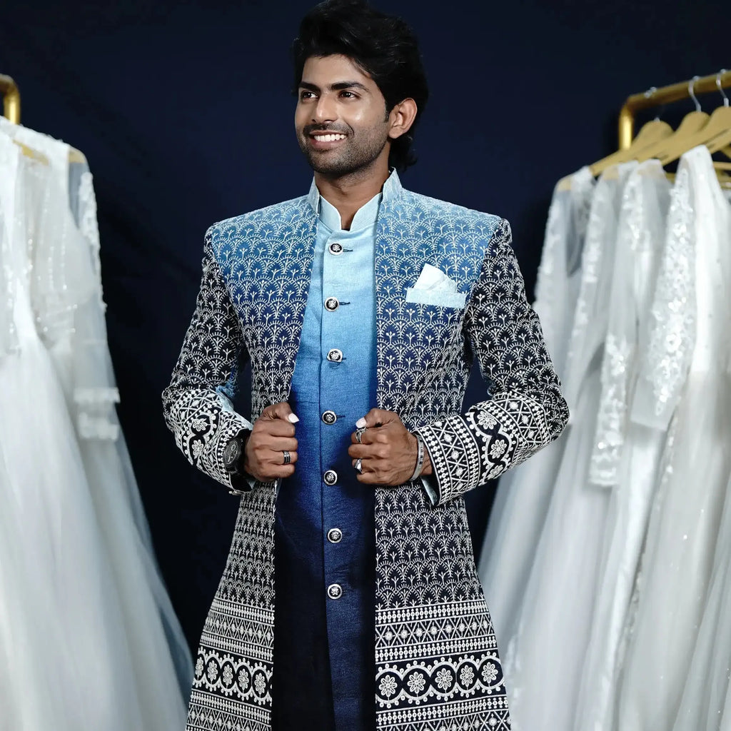 groom indo western outfit rental kerala blue violet