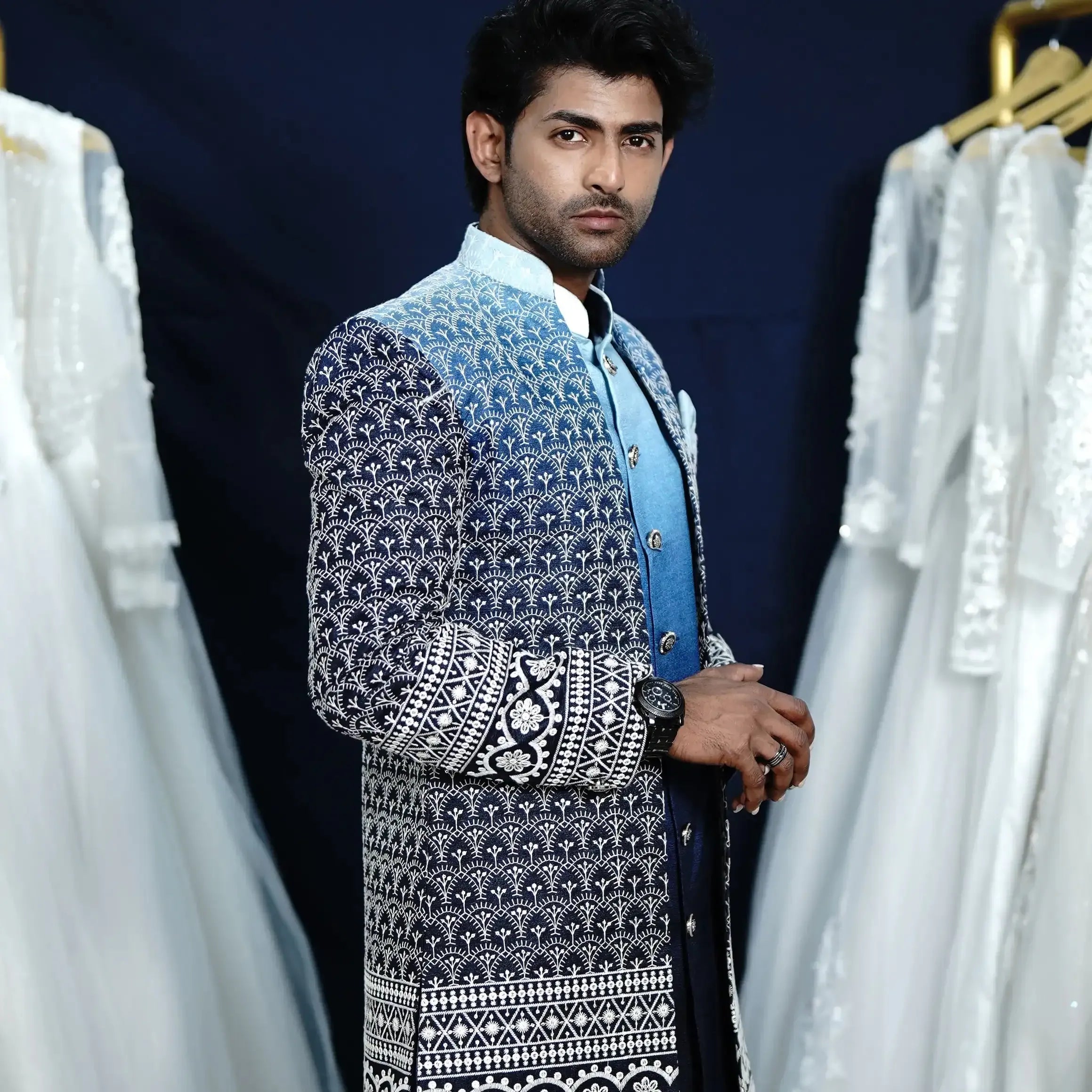 men indo western dress rental kerala embroidered