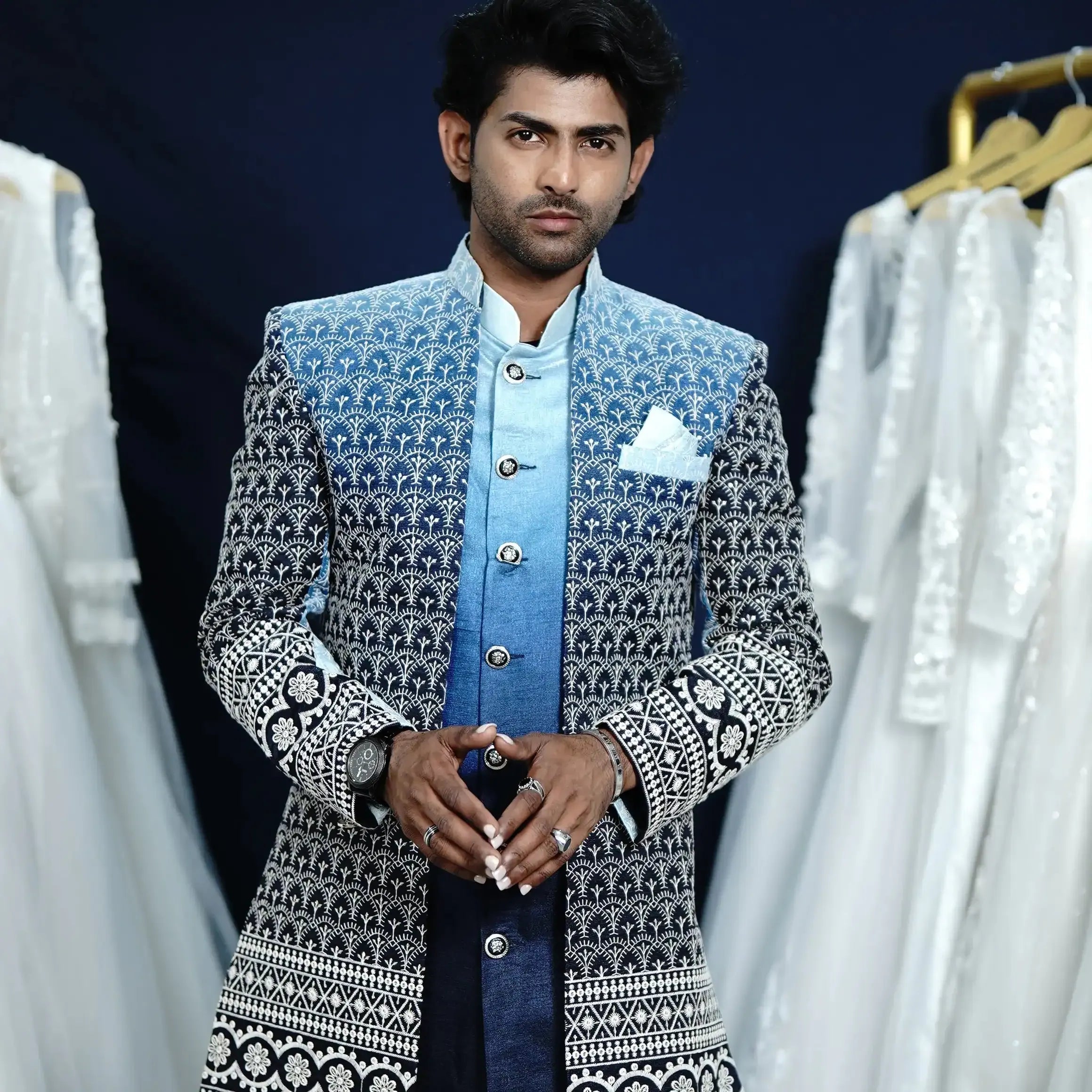 blue violet indo western wedding dress rental kerala