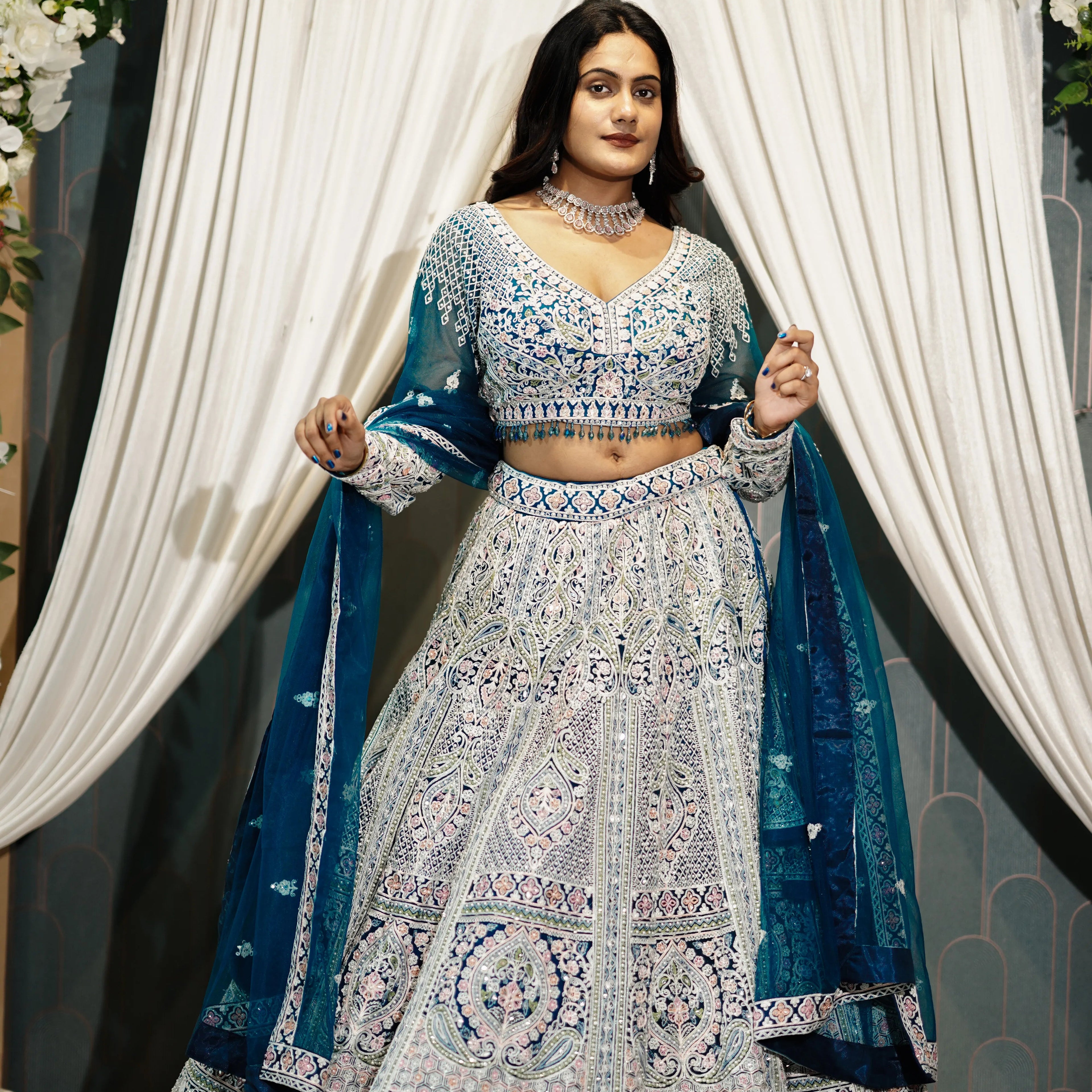 Ice Blue & Silver Designer Bridal Lehenga