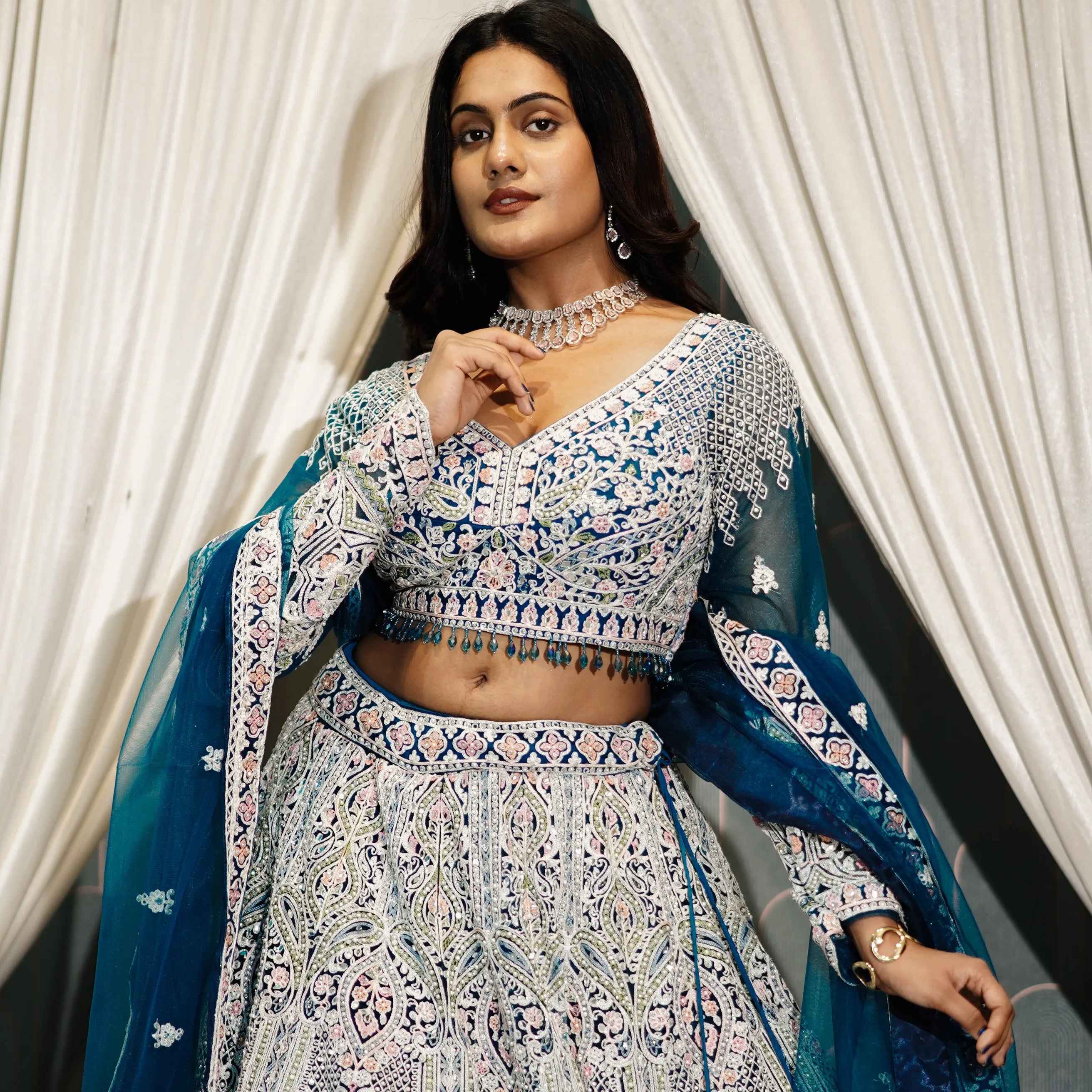 Ice Blue & Silver Designer Bridal Lehenga
