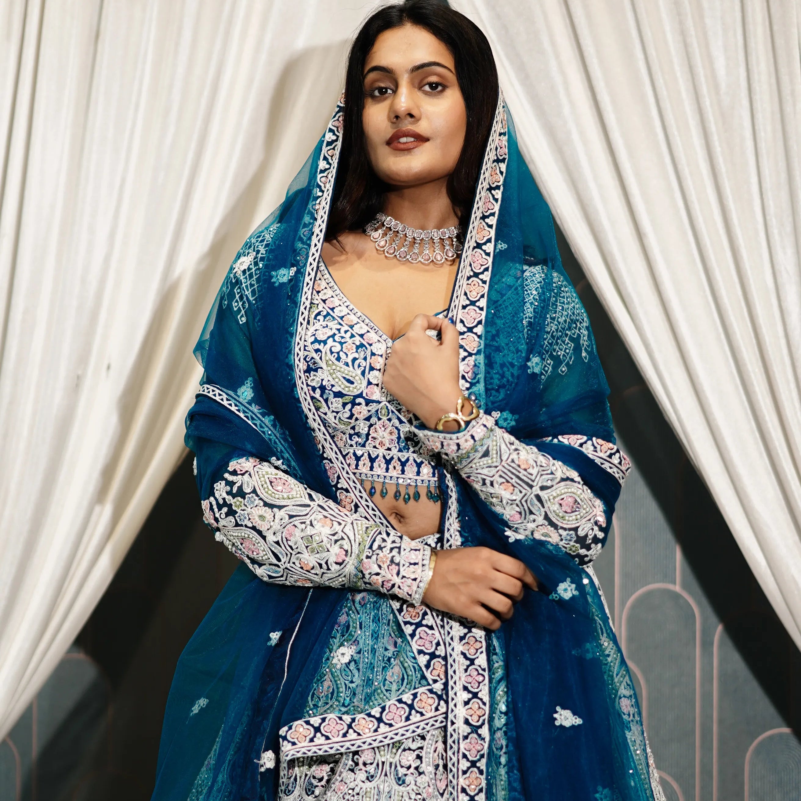 Ice Blue & Silver Designer Bridal Lehenga