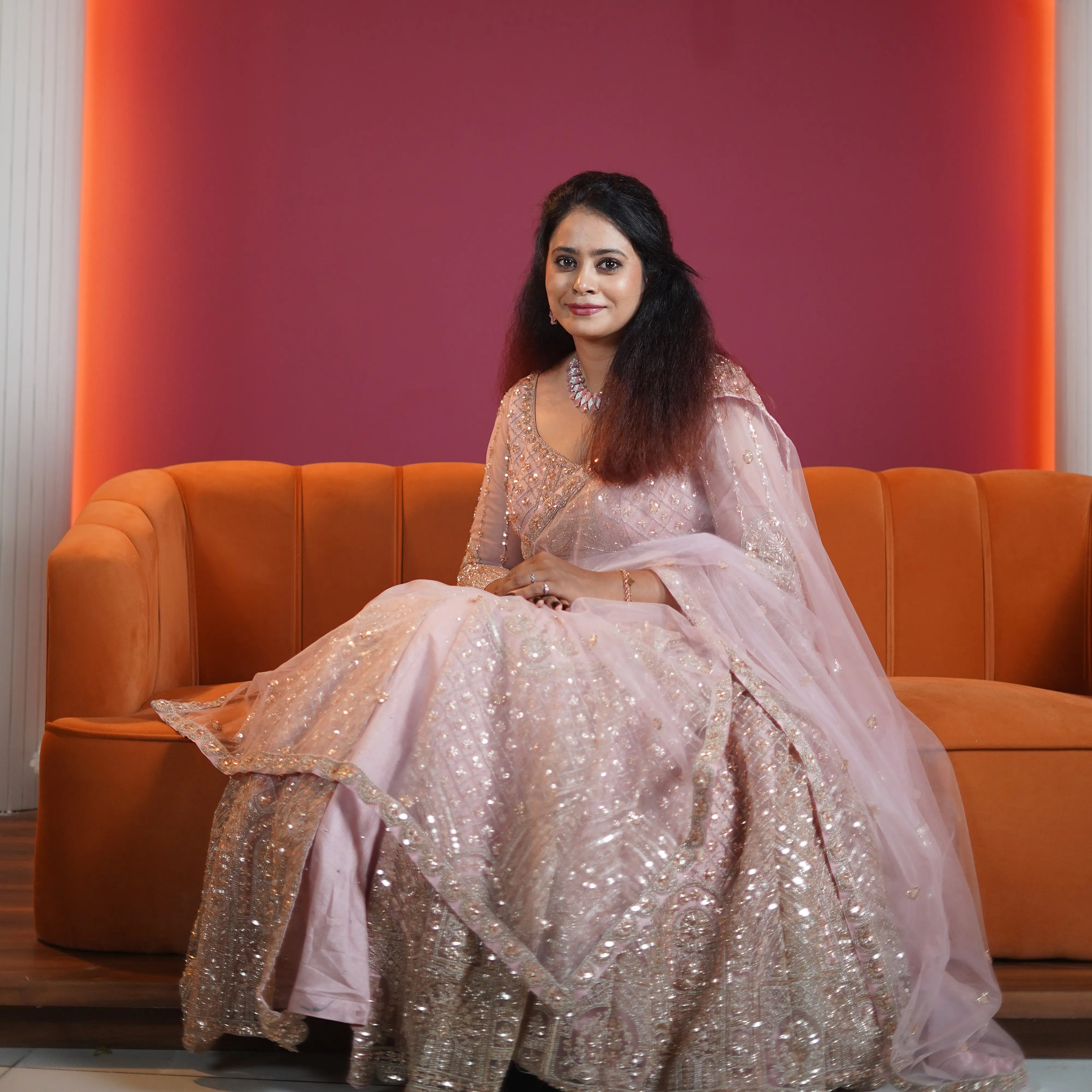 blush pink embroidered designer gown with dupatta available at Posh Wedding Rental Kerala gown rental