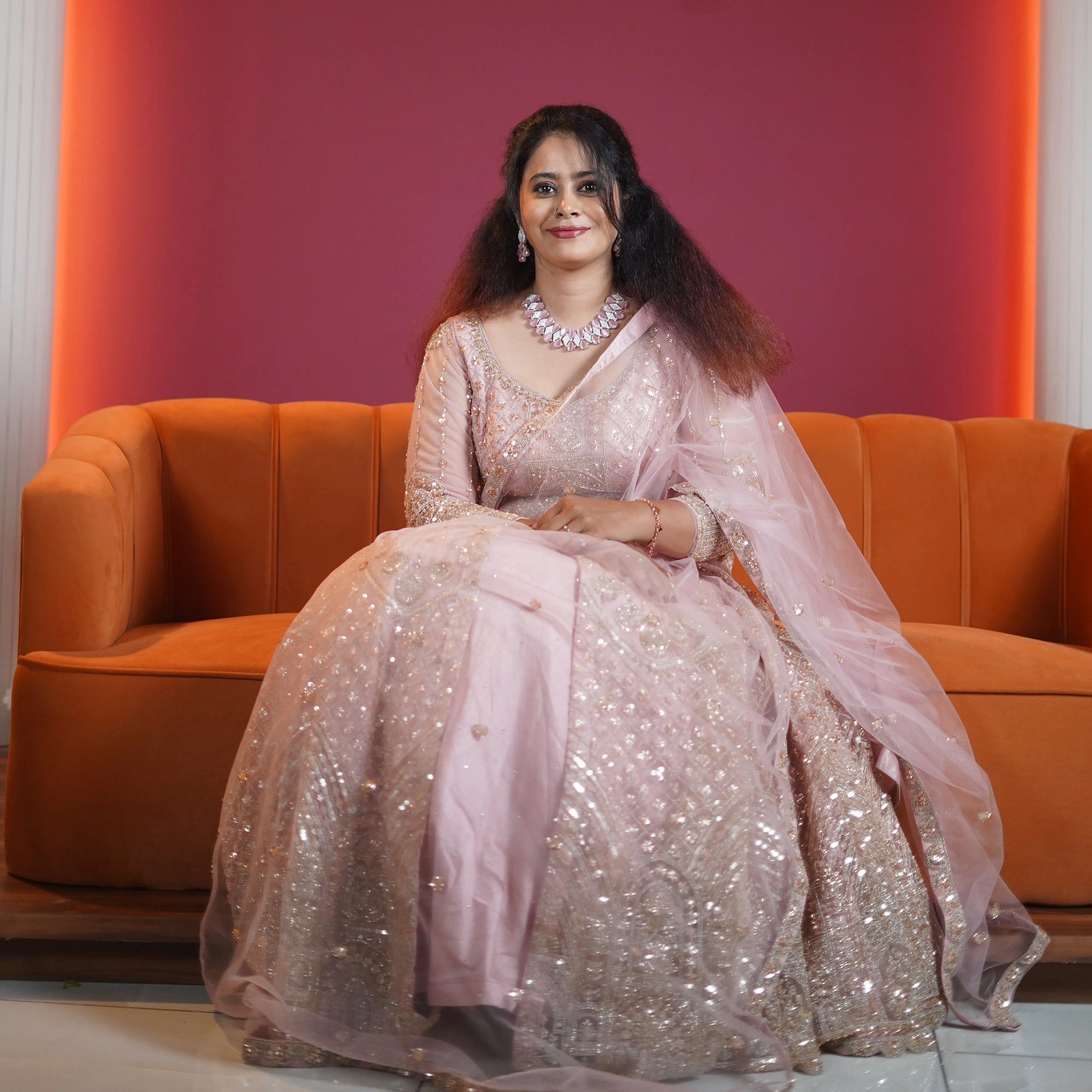 blush pink embroidered designer gown with dupatta available at Posh Wedding Rental Kerala gown rental